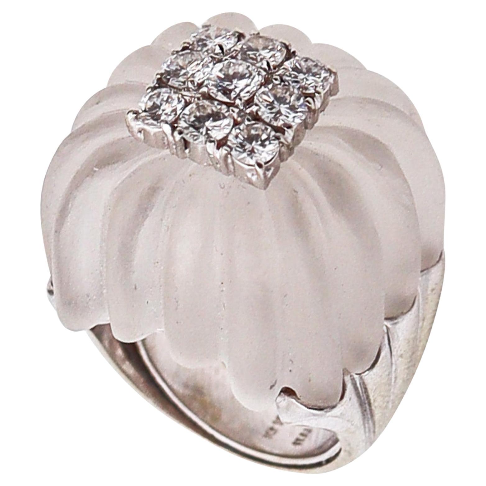 MID CENTURY 1960 Rock Crystal Cocktail Ring In 18Kt Gold With 1.45 Cts Diamonds