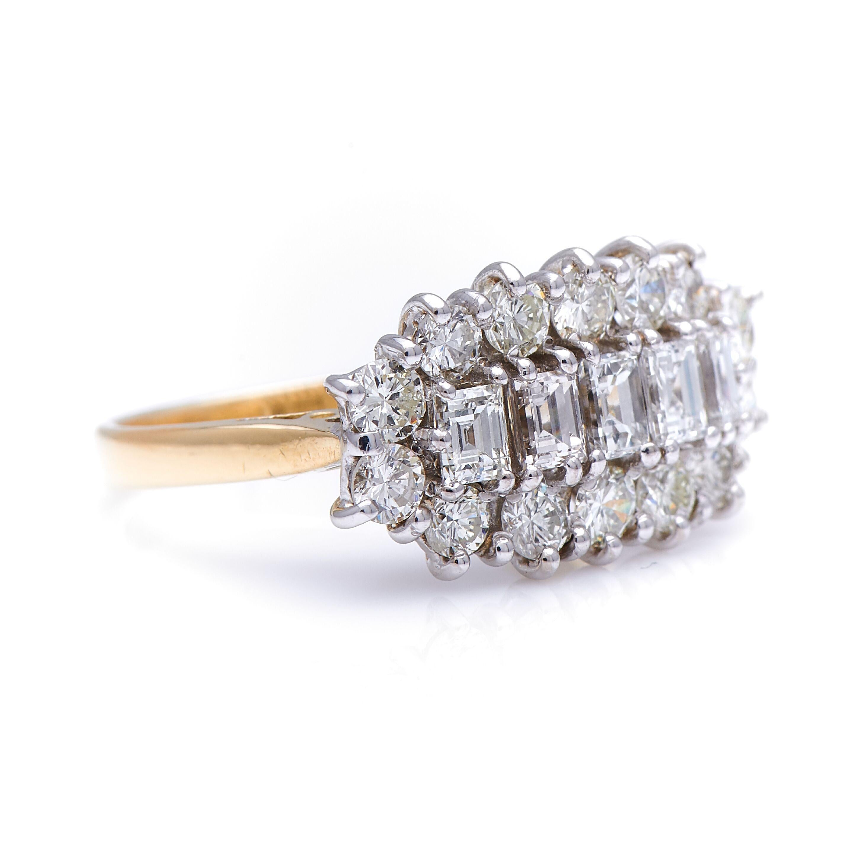Diamond ring, 20th century. This ring is designed as a cluster of square and brilliant-cut diamonds, cleverly set together to create a glittering surface that beautifully plays with the light. Unusually for a cluster ring, the shape is aligned