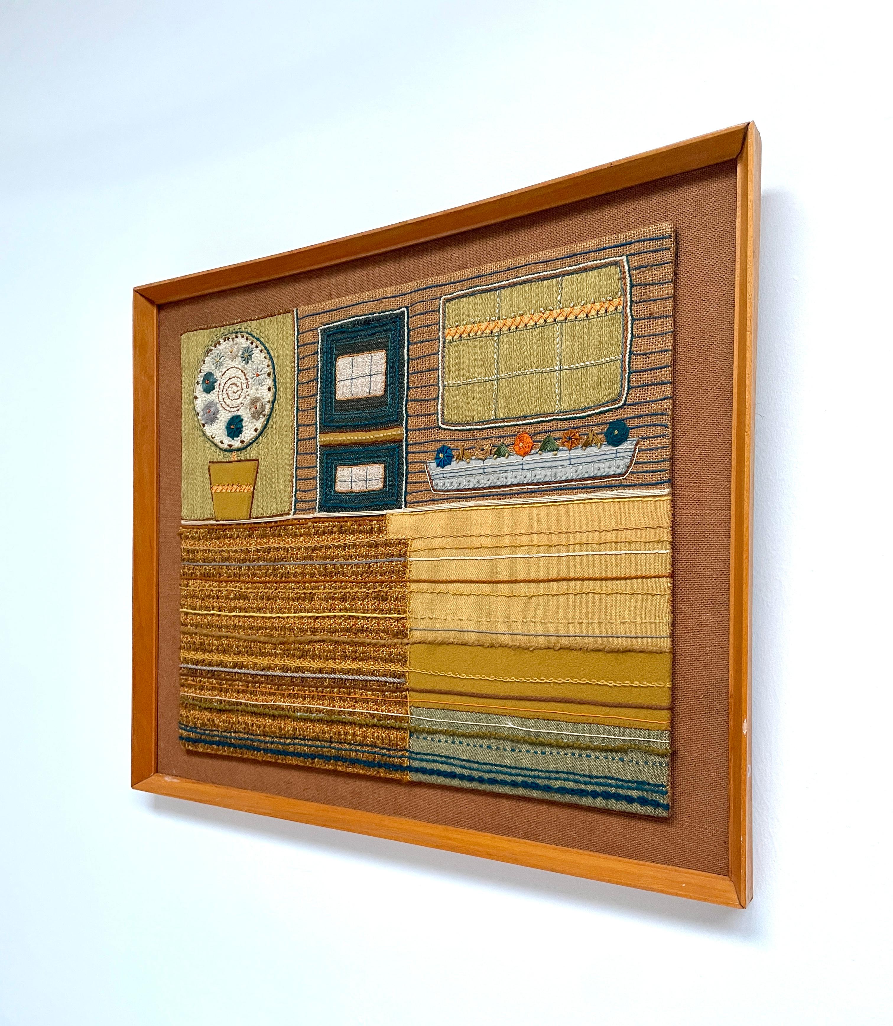Teak Mid-Century 1960s Abstract Textile Framed Wall Tapestry Mixed Media Art