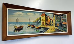 Midcentury 1960s Art Water Color on Board "Anchor Bay" by Gunes 3-D Frame
