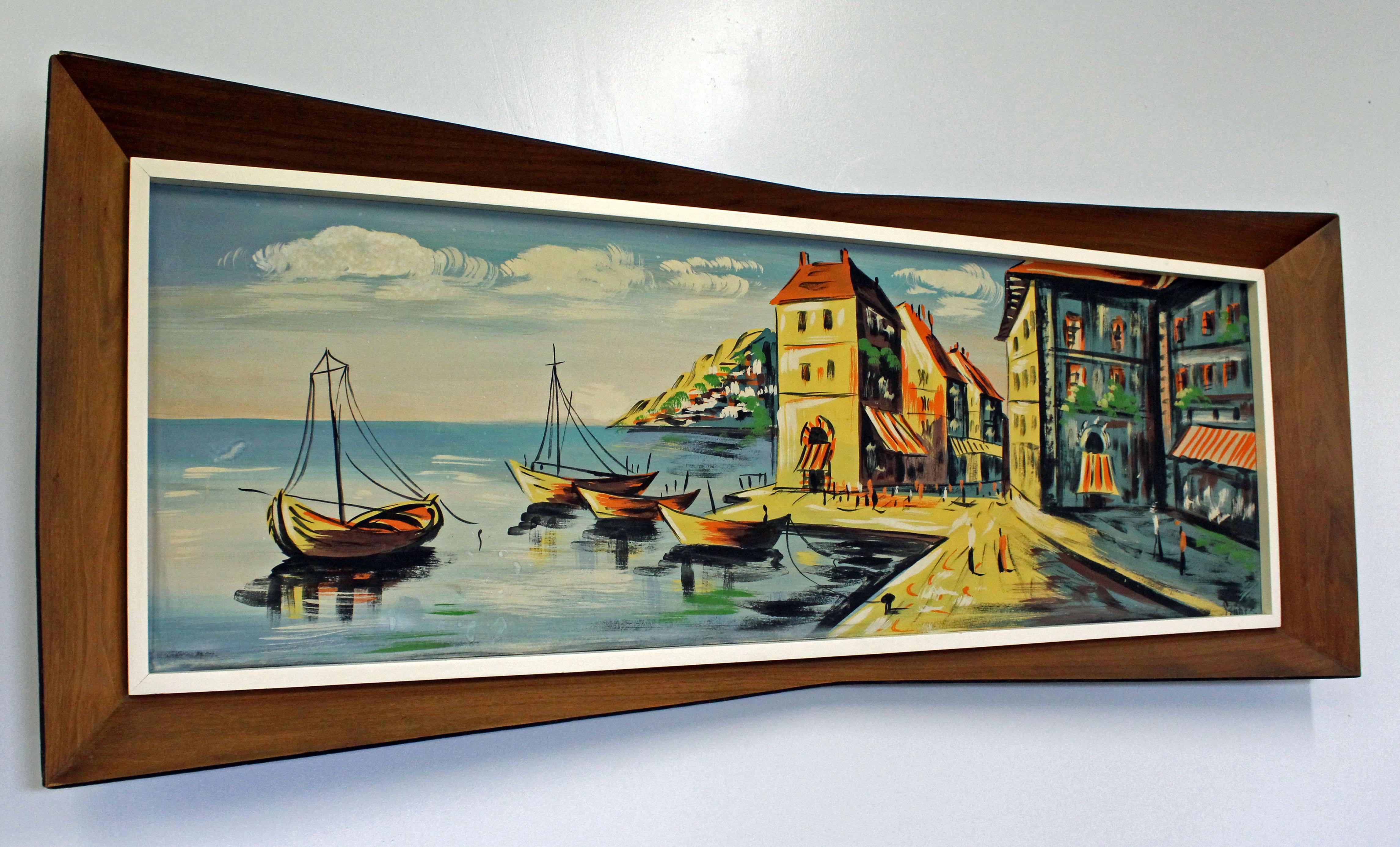 Nous vous proposons une magnifique œuvre d'art moderne du milieu du siècle dernier réalisée par Gunes. L'œuvre est une aquarelle originale sur carton et est signée. Cette scène est une excellente représentation du modernisme à son meilleur.