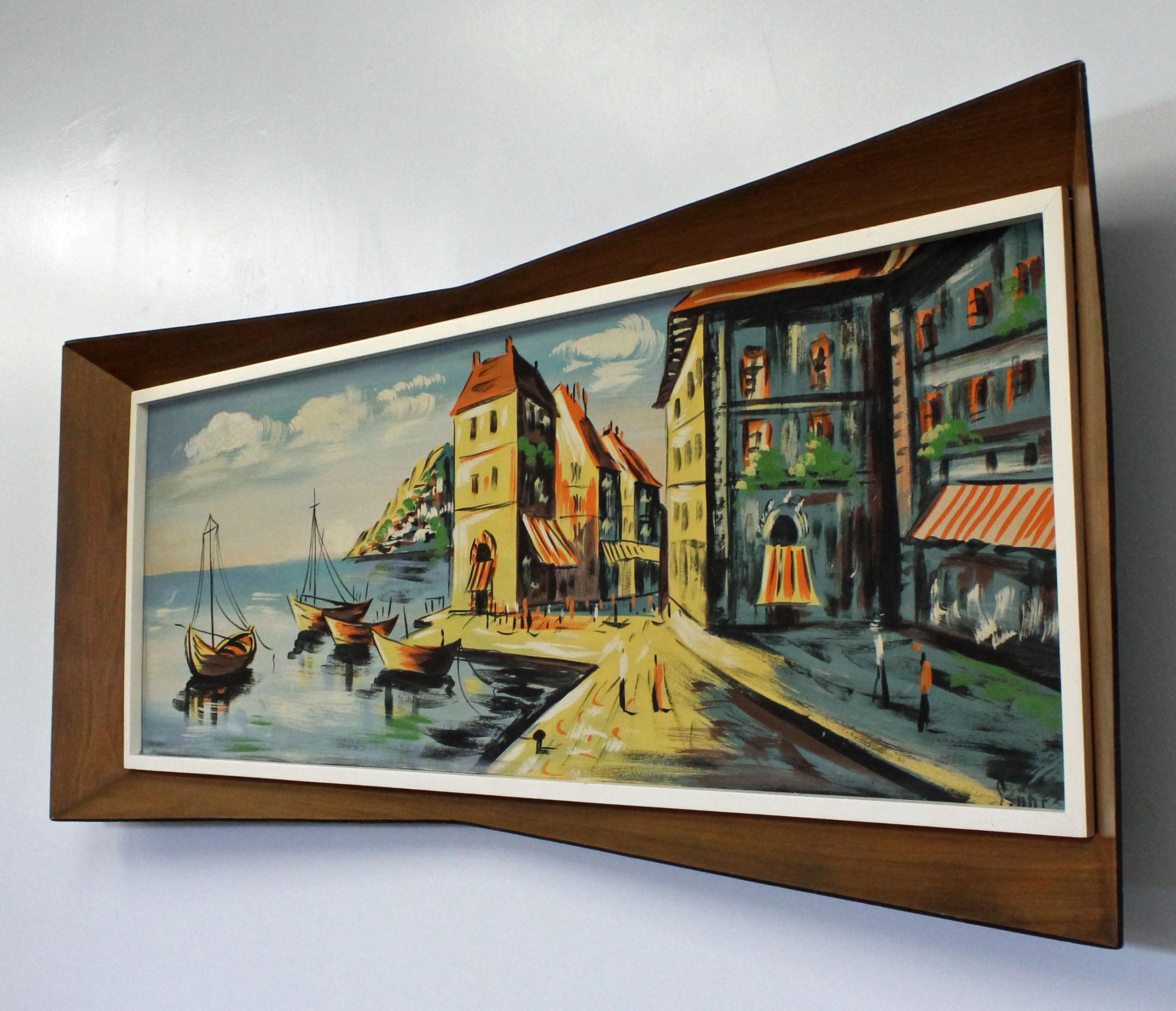 Moderne Aquarelle sur panneau d'art du milieu des années 1960 « Anchor Bay » par Gunes, cadre en 3D