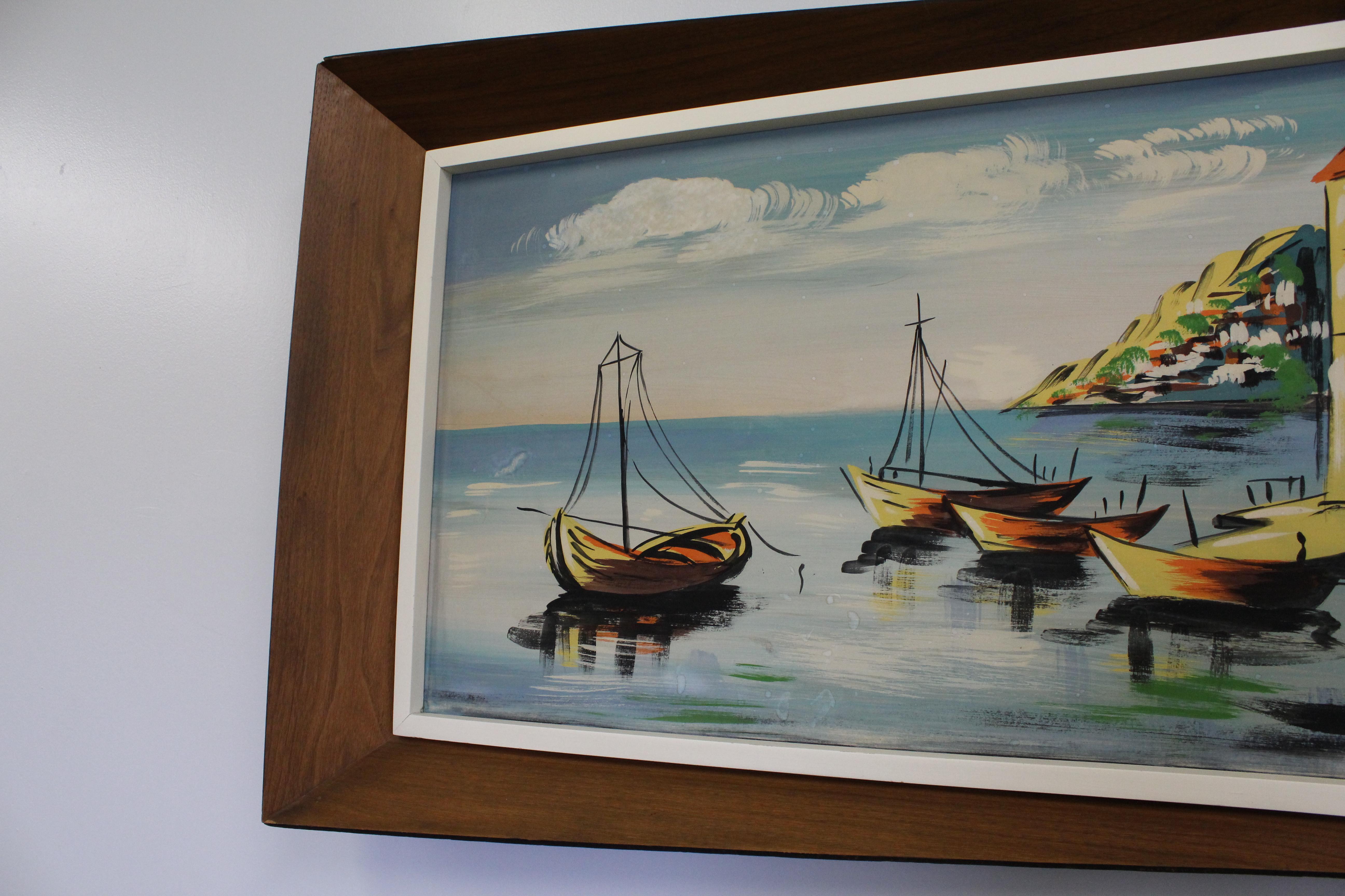 Inconnu Aquarelle sur panneau d'art du milieu des années 1960 « Anchor Bay » par Gunes, cadre en 3D