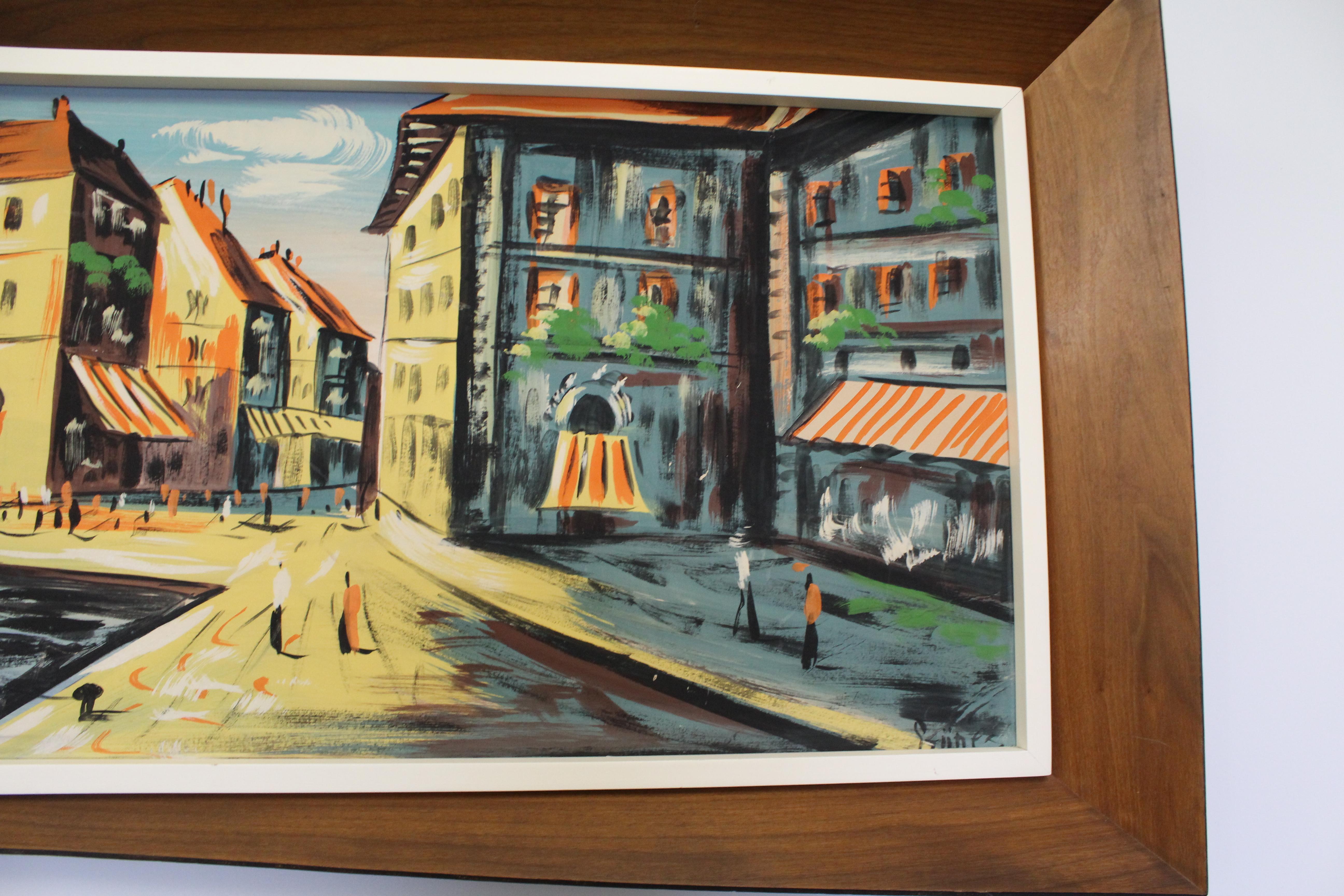 Milieu du XXe siècle Aquarelle sur panneau d'art du milieu des années 1960 « Anchor Bay » par Gunes, cadre en 3D
