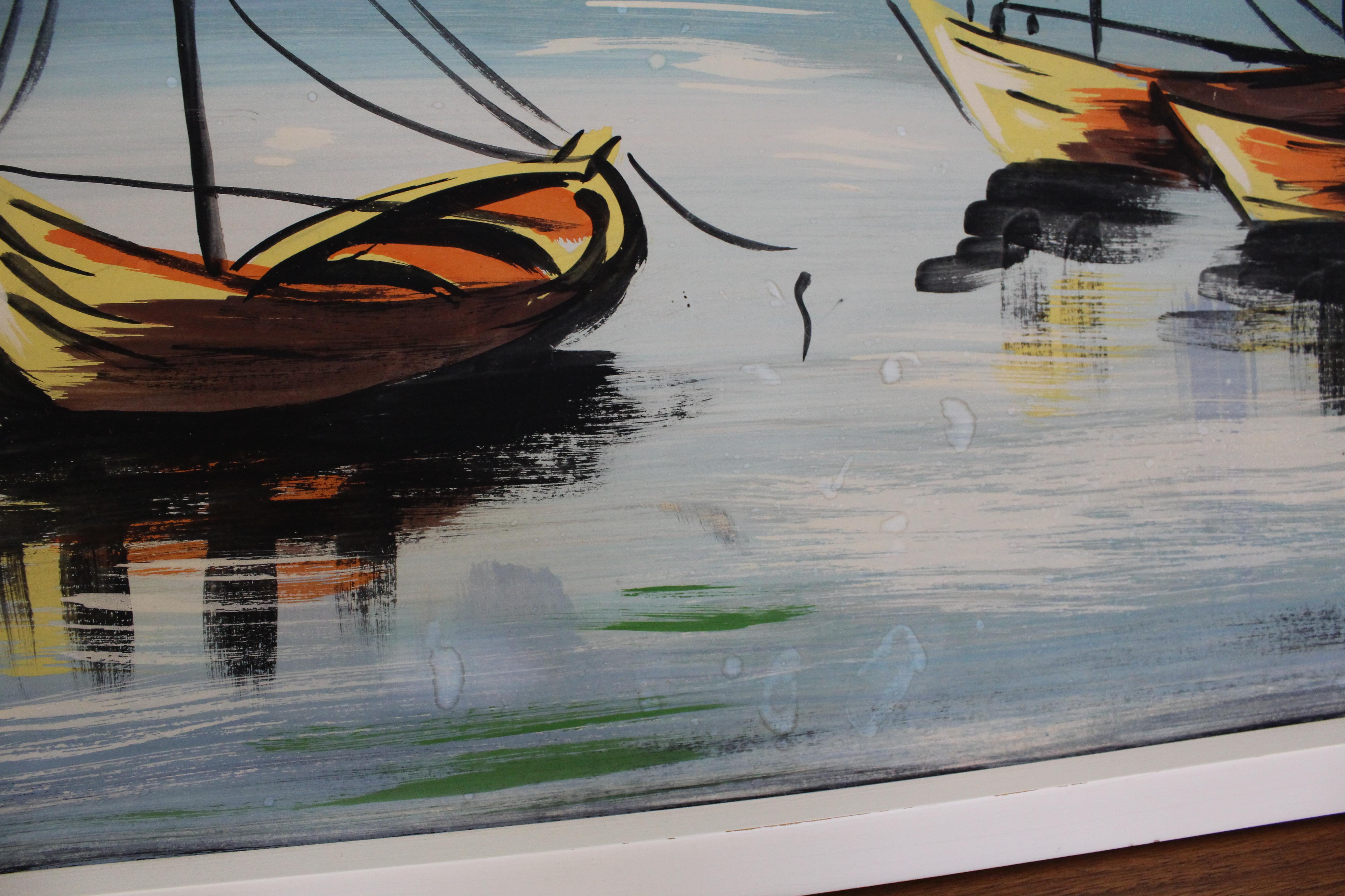 Aquarelle sur panneau d'art du milieu des années 1960 « Anchor Bay » par Gunes, cadre en 3D 1