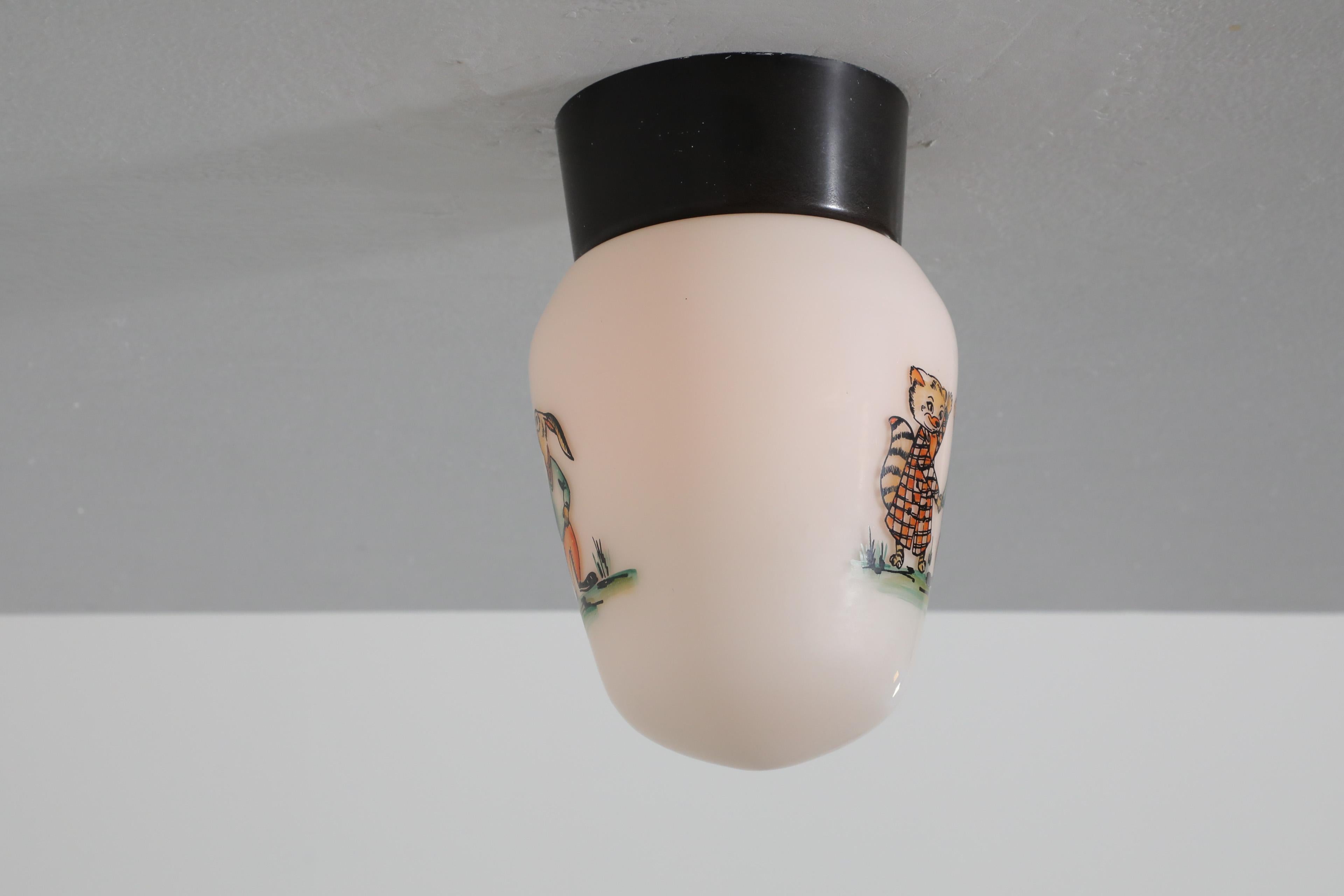 Milk Glass Mid-Century, 1960's Bo-Niko ceiling lamp with cartoon animal print, Belgium. For Sale