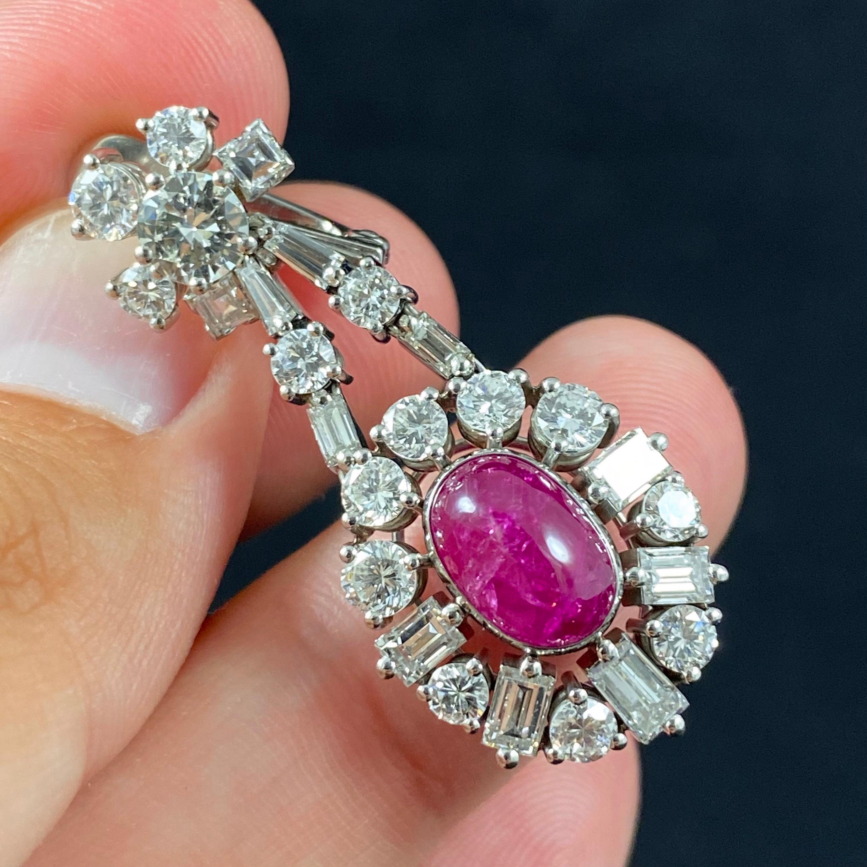 Mid-Century 1960s Cabochon Ruby Diamond Cluster Drop Earrings Platinum Portugal 5
