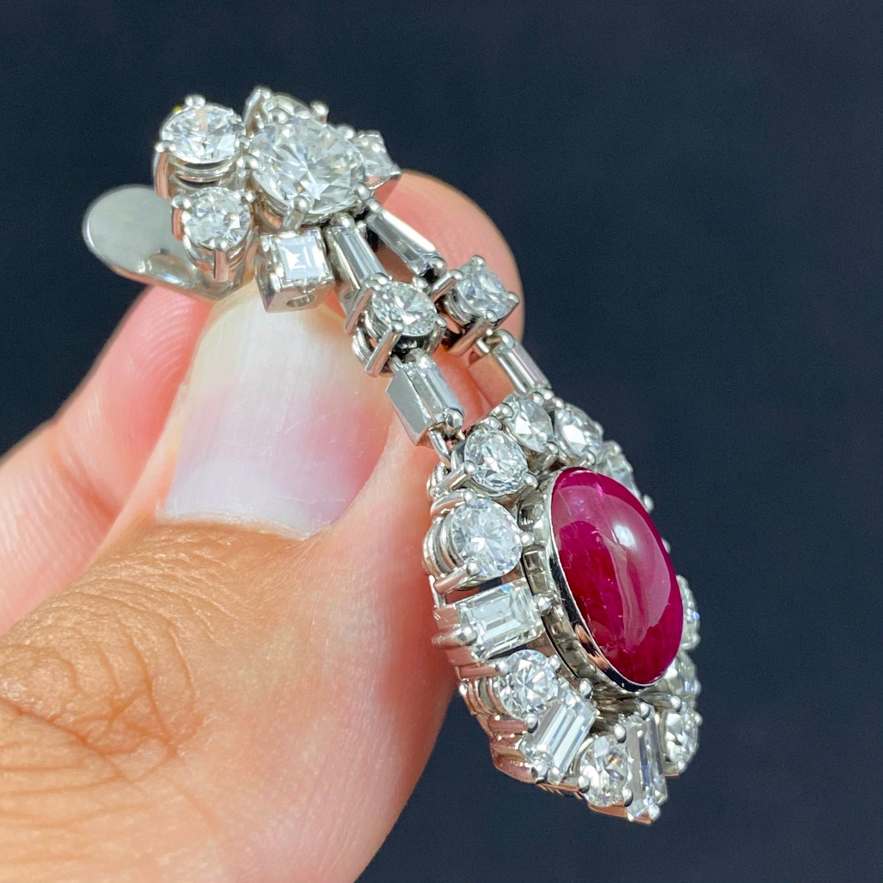 Mid-Century 1960s Cabochon Ruby Diamond Cluster Drop Earrings Platinum Portugal 6