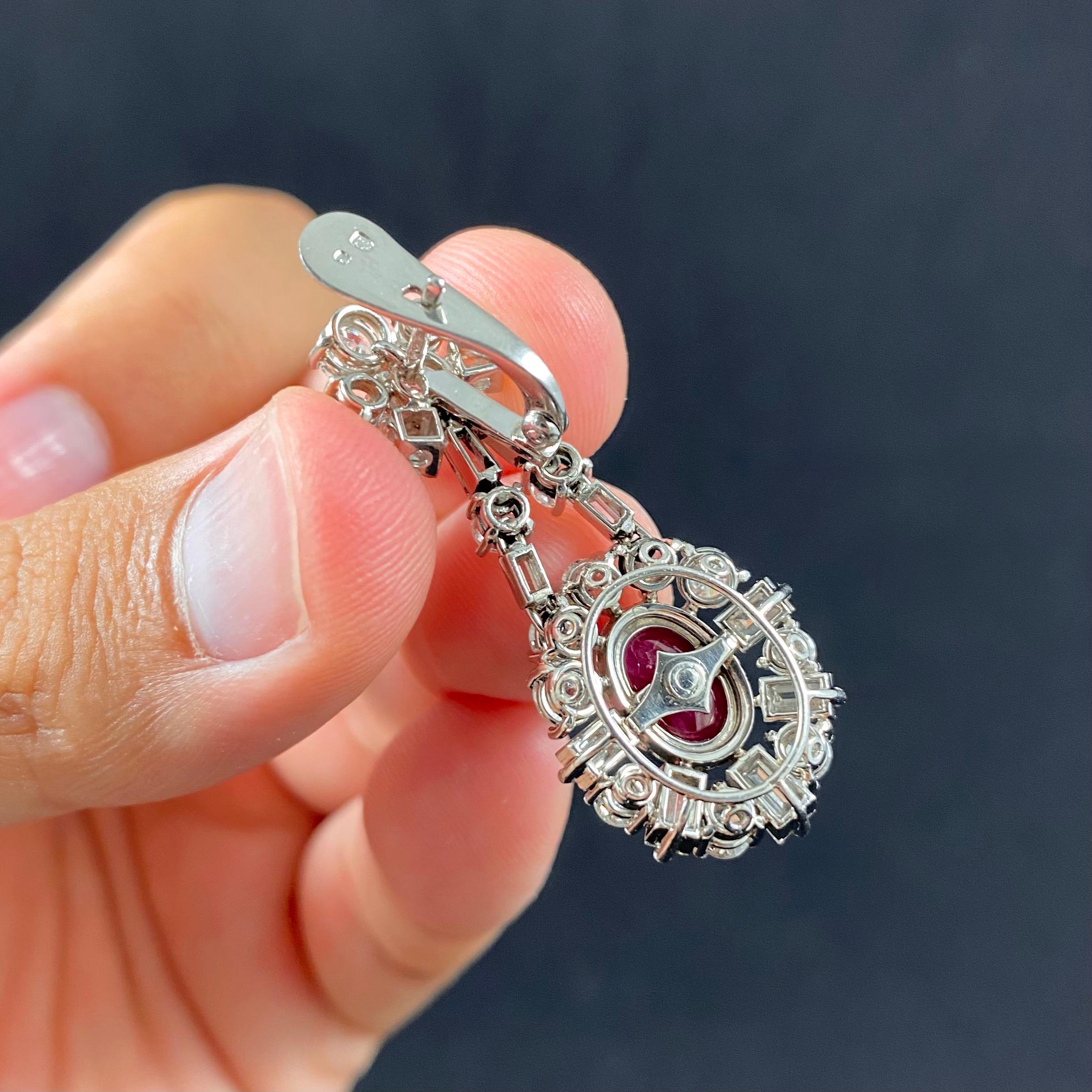 Mid-Century 1960s Cabochon Ruby Diamond Cluster Drop Earrings Platinum Portugal 7