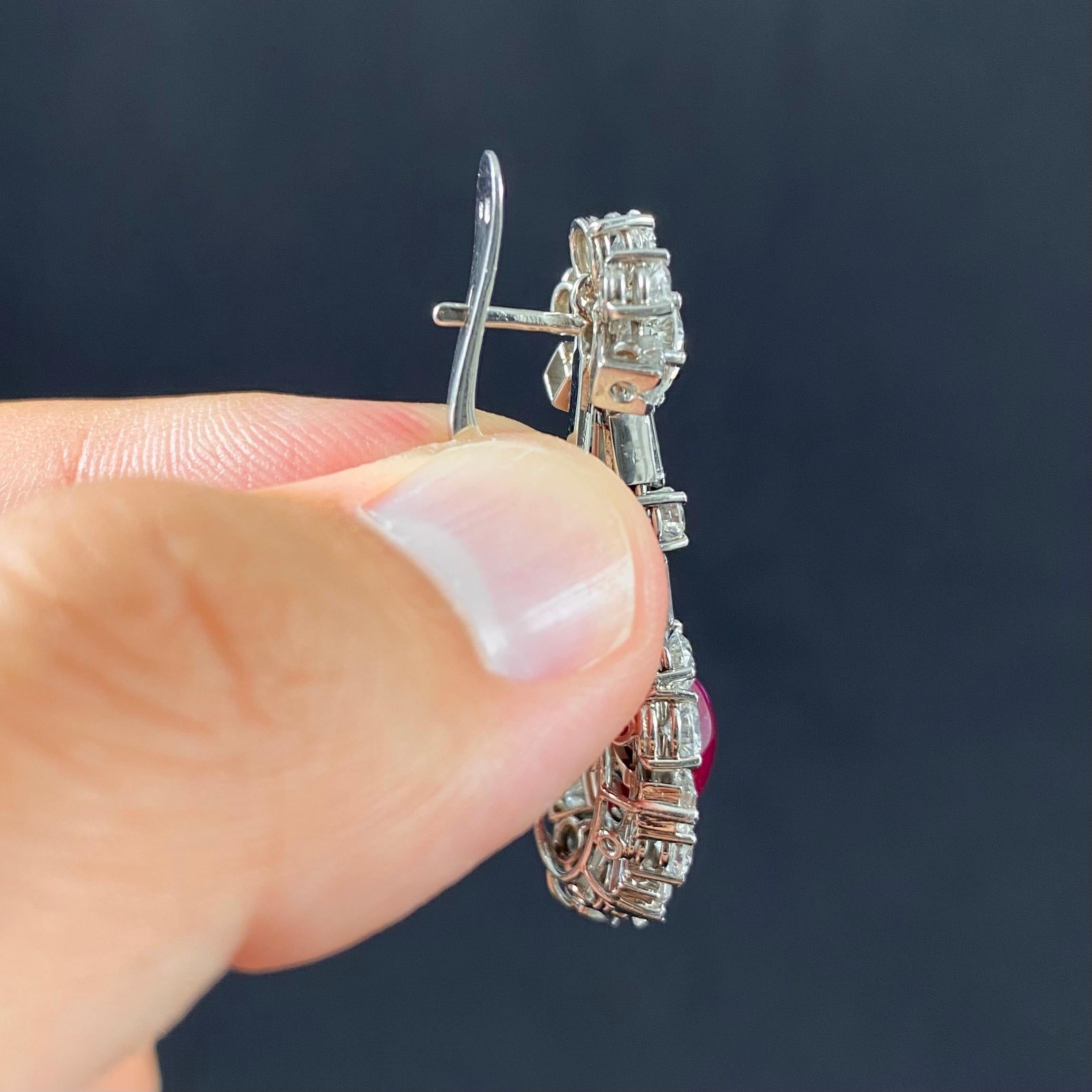 Mid-Century 1960s Cabochon Ruby Diamond Cluster Drop Earrings Platinum Portugal 8