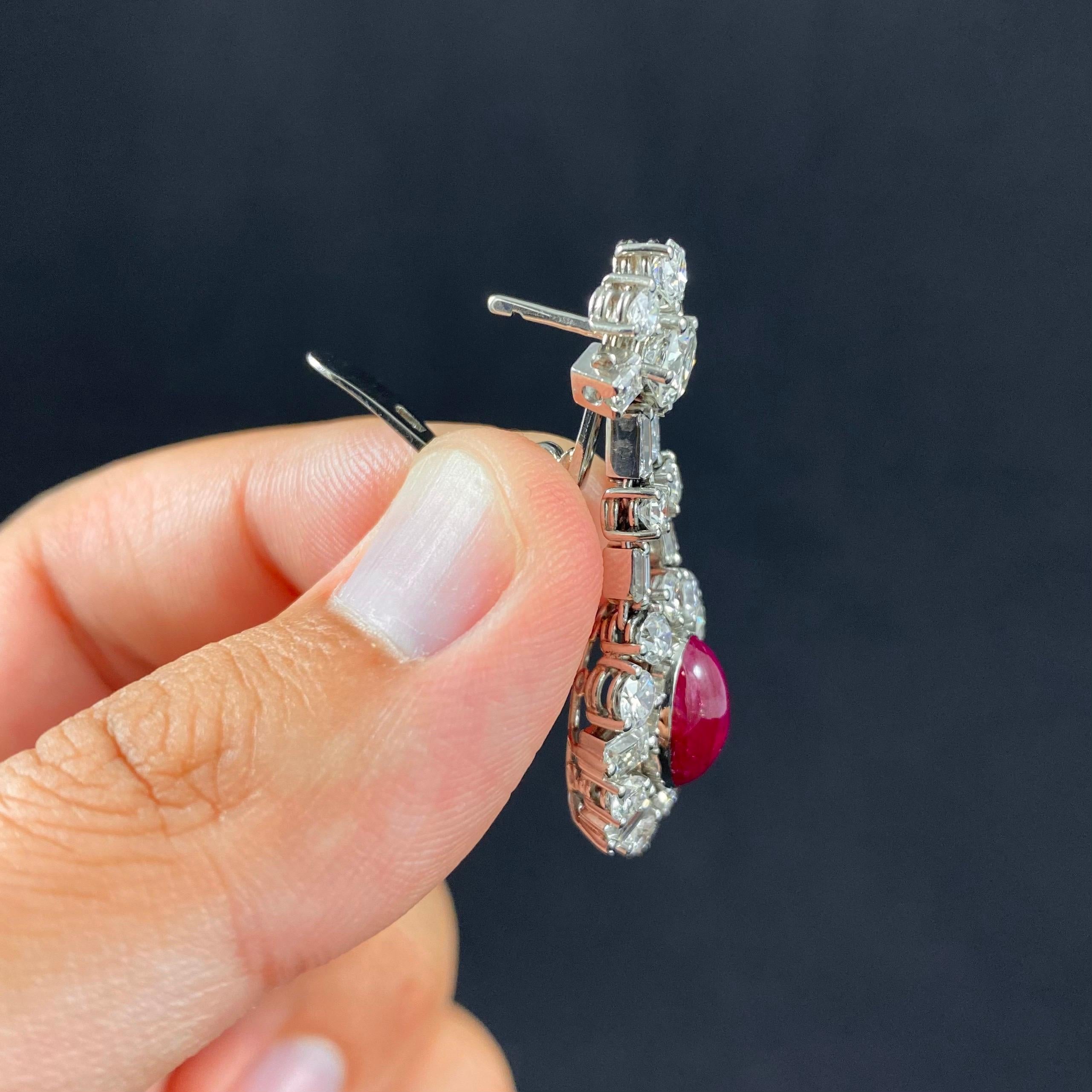 Mid-Century 1960s Cabochon Ruby Diamond Cluster Drop Earrings Platinum Portugal 9