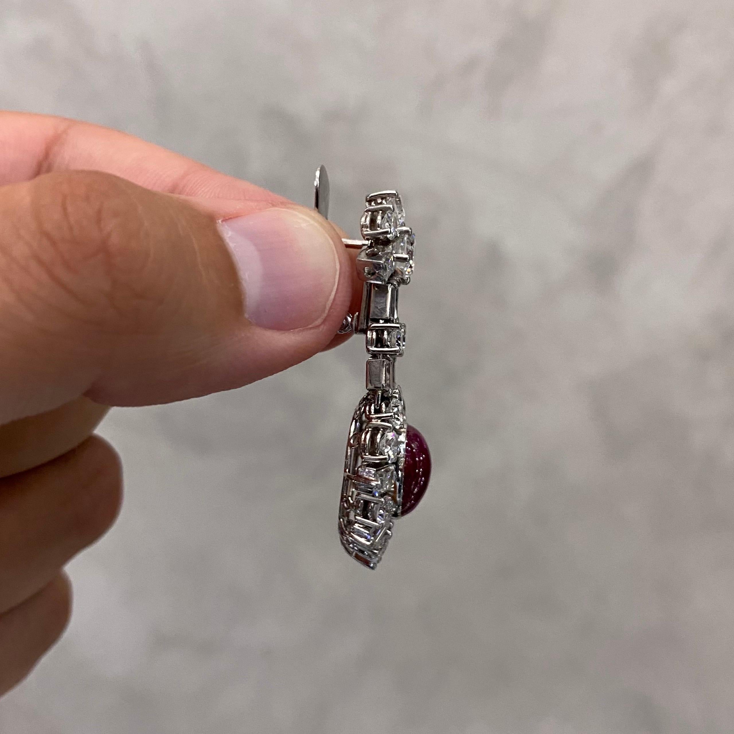 Modern Mid-Century 1960s Cabochon Ruby Diamond Cluster Drop Earrings Platinum Portugal