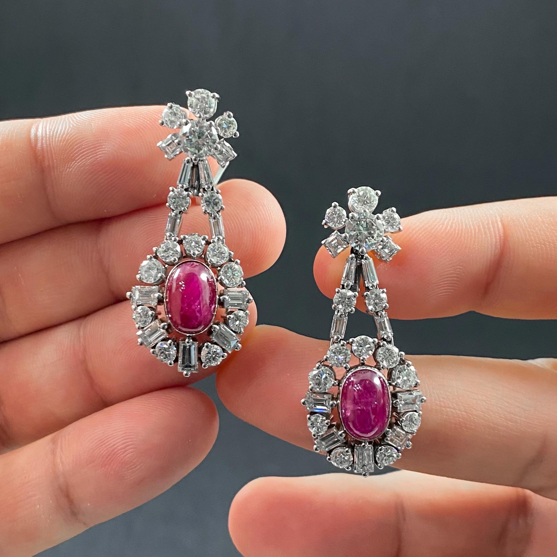 Mid-Century 1960s Cabochon Ruby Diamond Cluster Drop Earrings Platinum Portugal In Good Condition In Lisbon, PT
