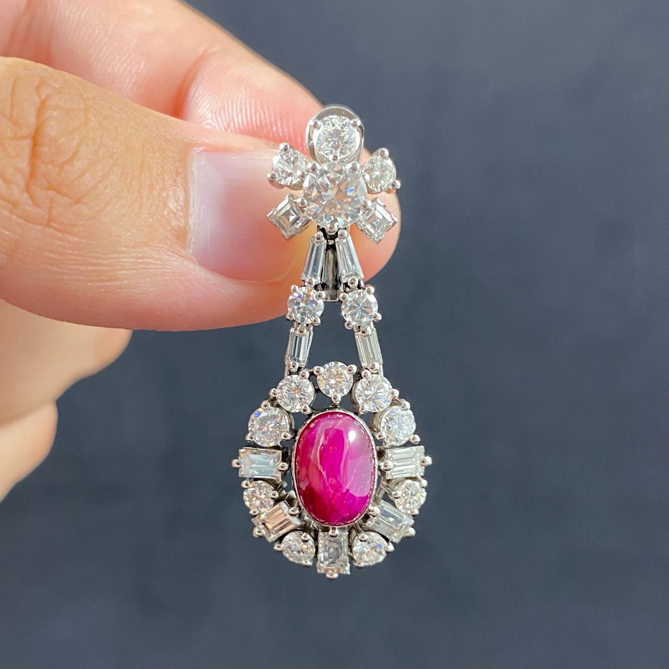 Women's Mid-Century 1960s Cabochon Ruby Diamond Cluster Drop Earrings Platinum Portugal
