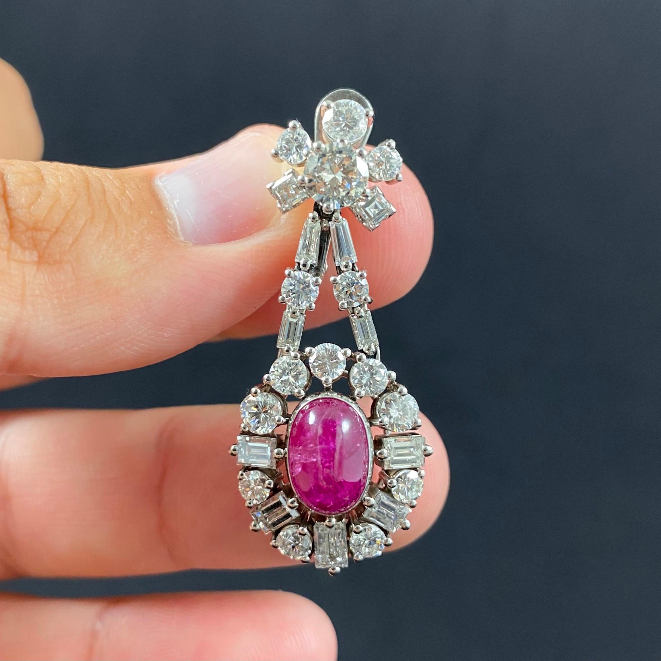 Mid-Century 1960s Cabochon Ruby Diamond Cluster Drop Earrings Platinum Portugal 1