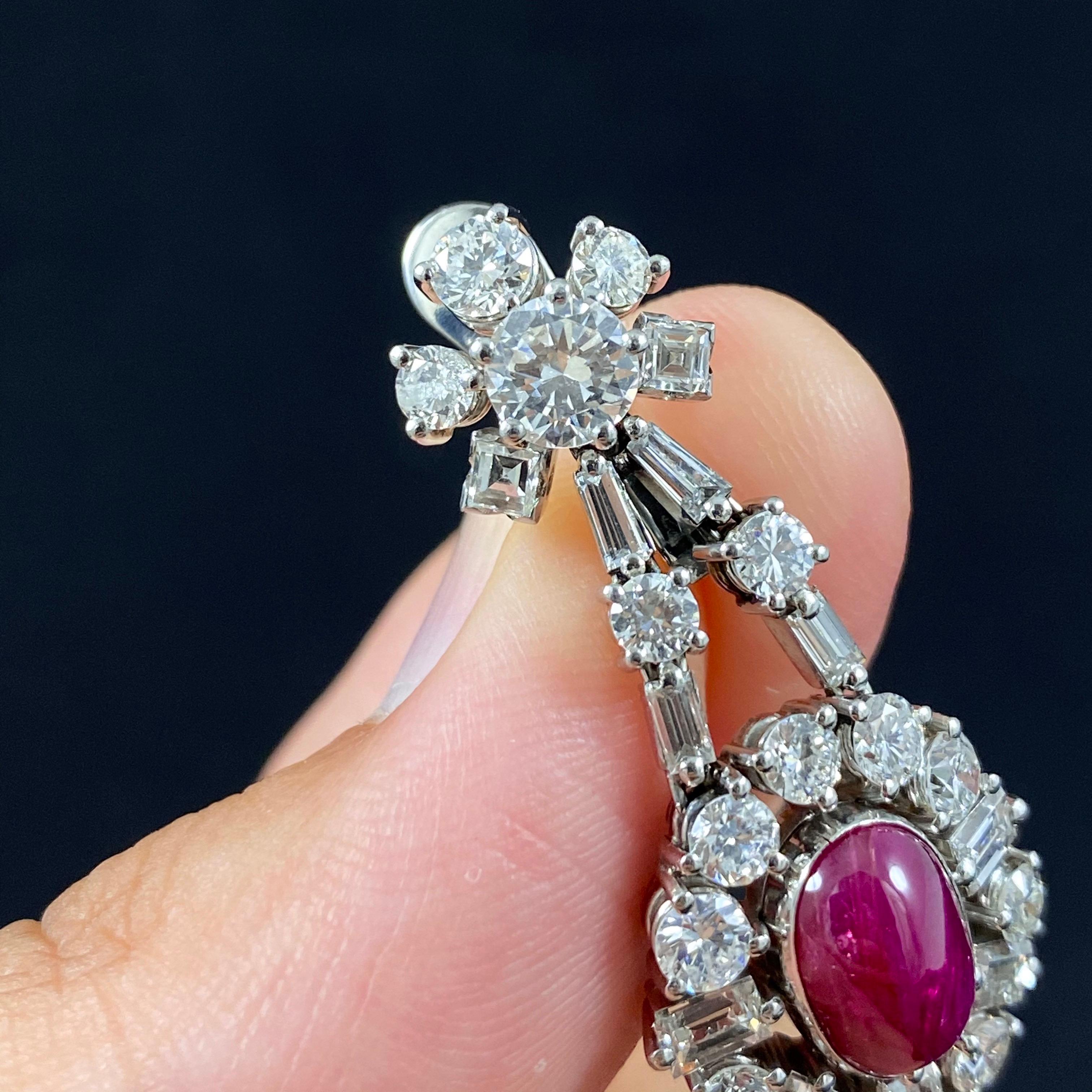 Mid-Century 1960s Cabochon Ruby Diamond Cluster Drop Earrings Platinum Portugal 2
