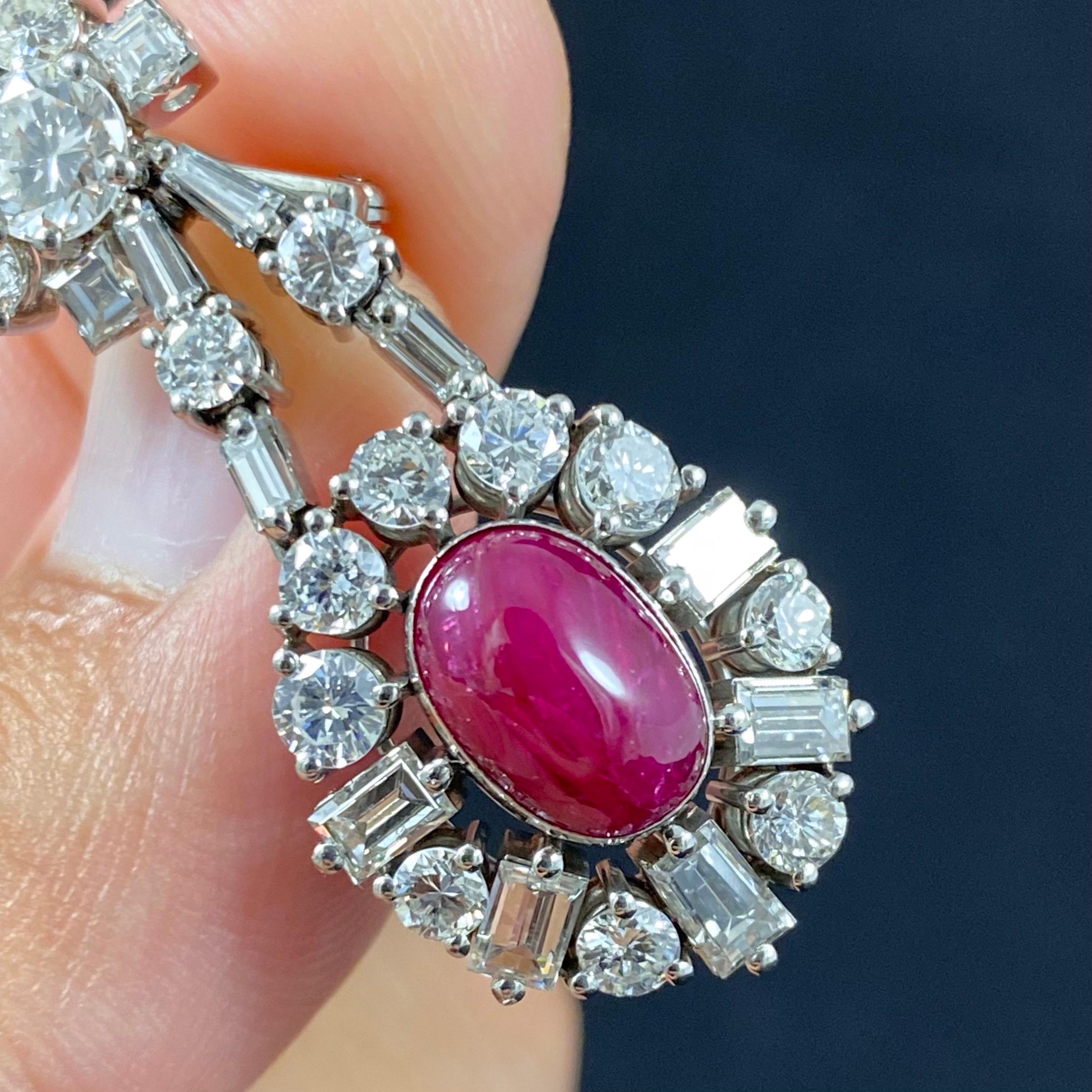 Mid-Century 1960s Cabochon Ruby Diamond Cluster Drop Earrings Platinum Portugal 4