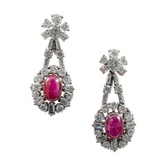 Vintage Mid-Century 1960s Cabochon Ruby Diamond Cluster Drop Earrings Platinum Portugal