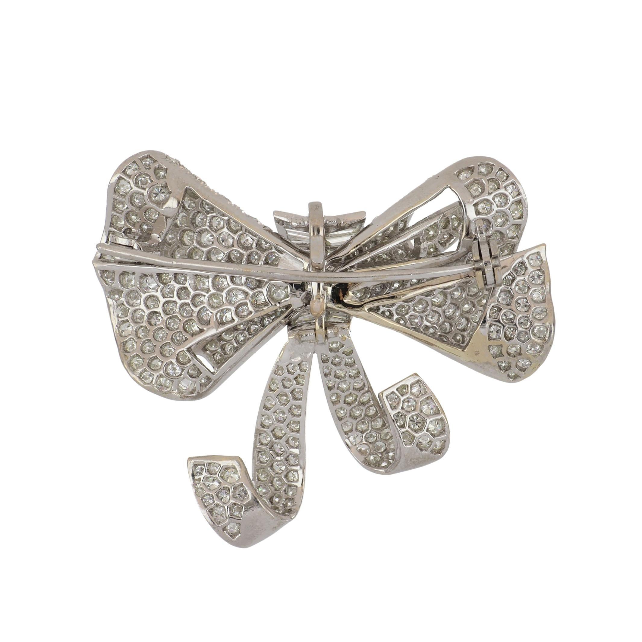 Mid-Century 1960s Diamond Bow Pin in 18K White Gold In Good Condition For Sale In Houston, TX