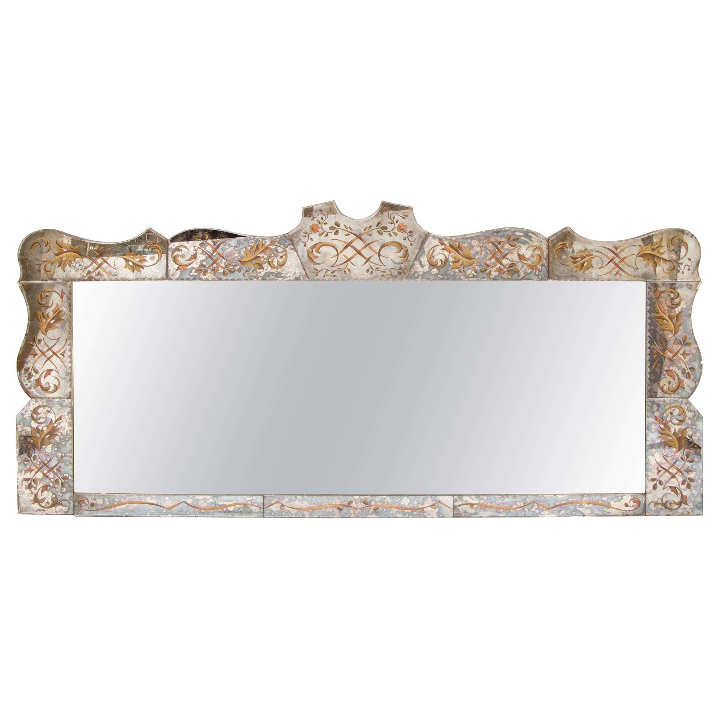 Midcentury 1960s French Eglomise Long Venetian Overmantle Ornate Mirror