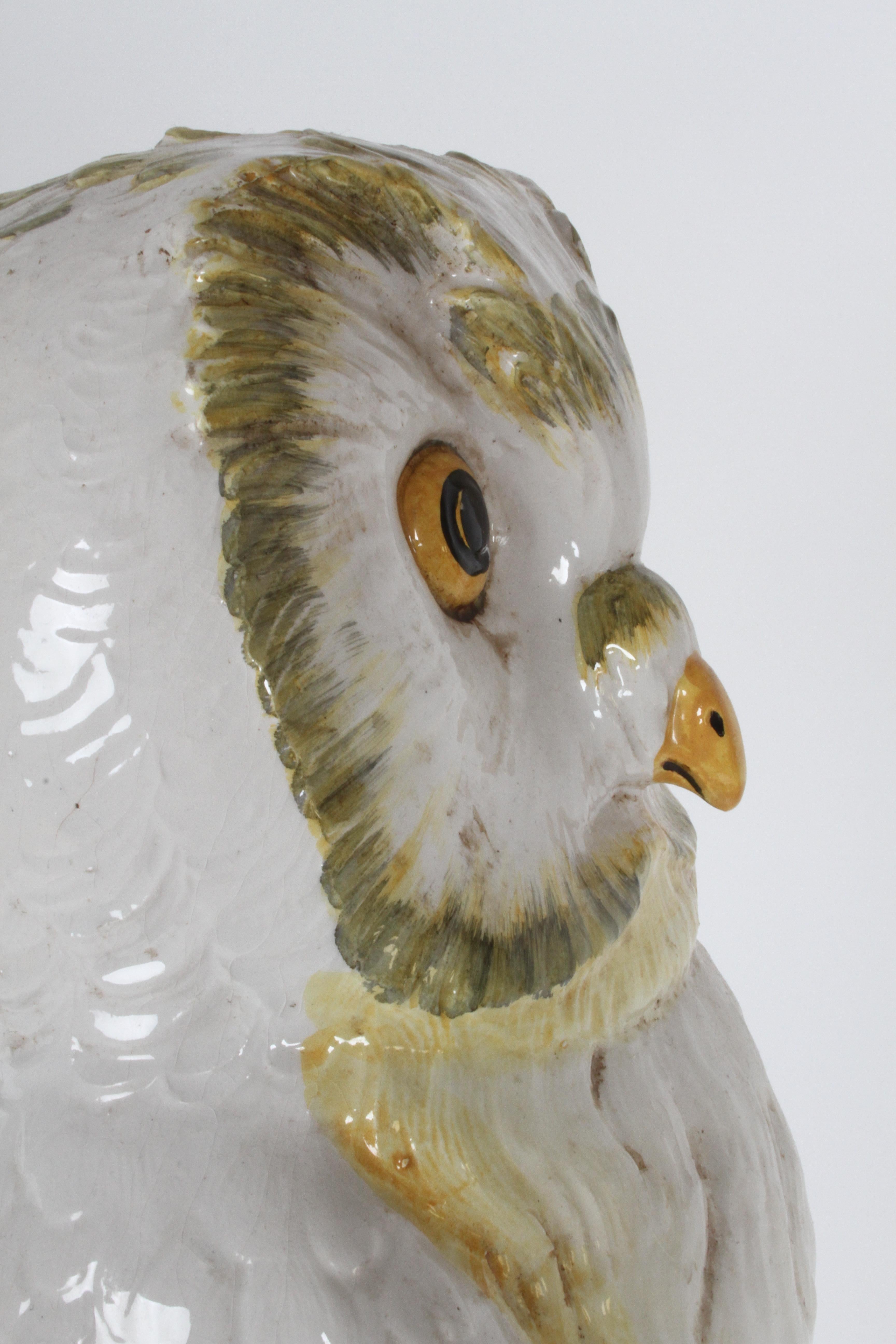 Mid-Century 1960s Italian Majolica Terracotta Large Snow Owl Statue - Sculpture  For Sale 3