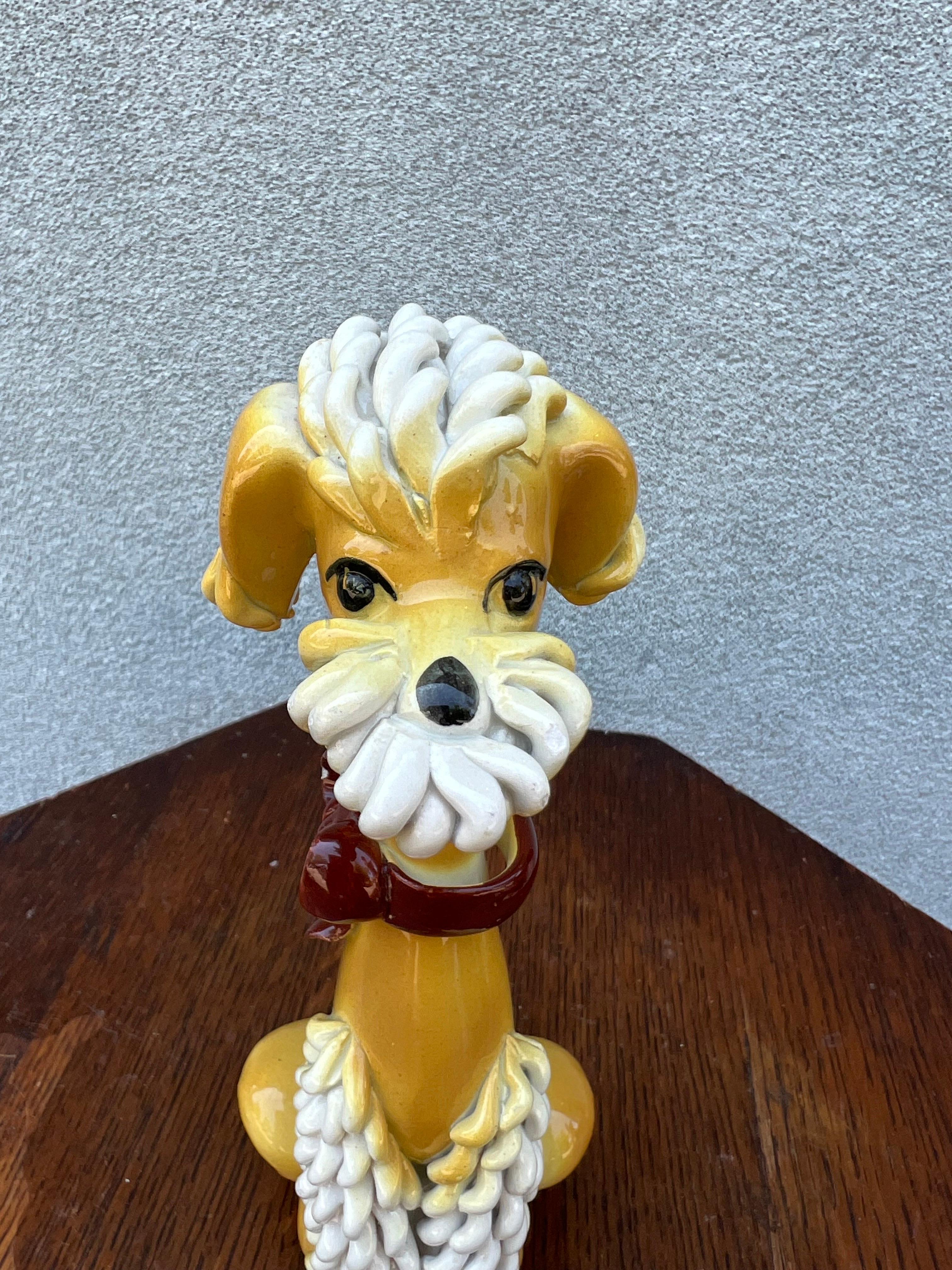Mid-Century Modern Mid Century 1960s Italian Spaghetti Poodle Dog  Statue Yellow White Ceramic