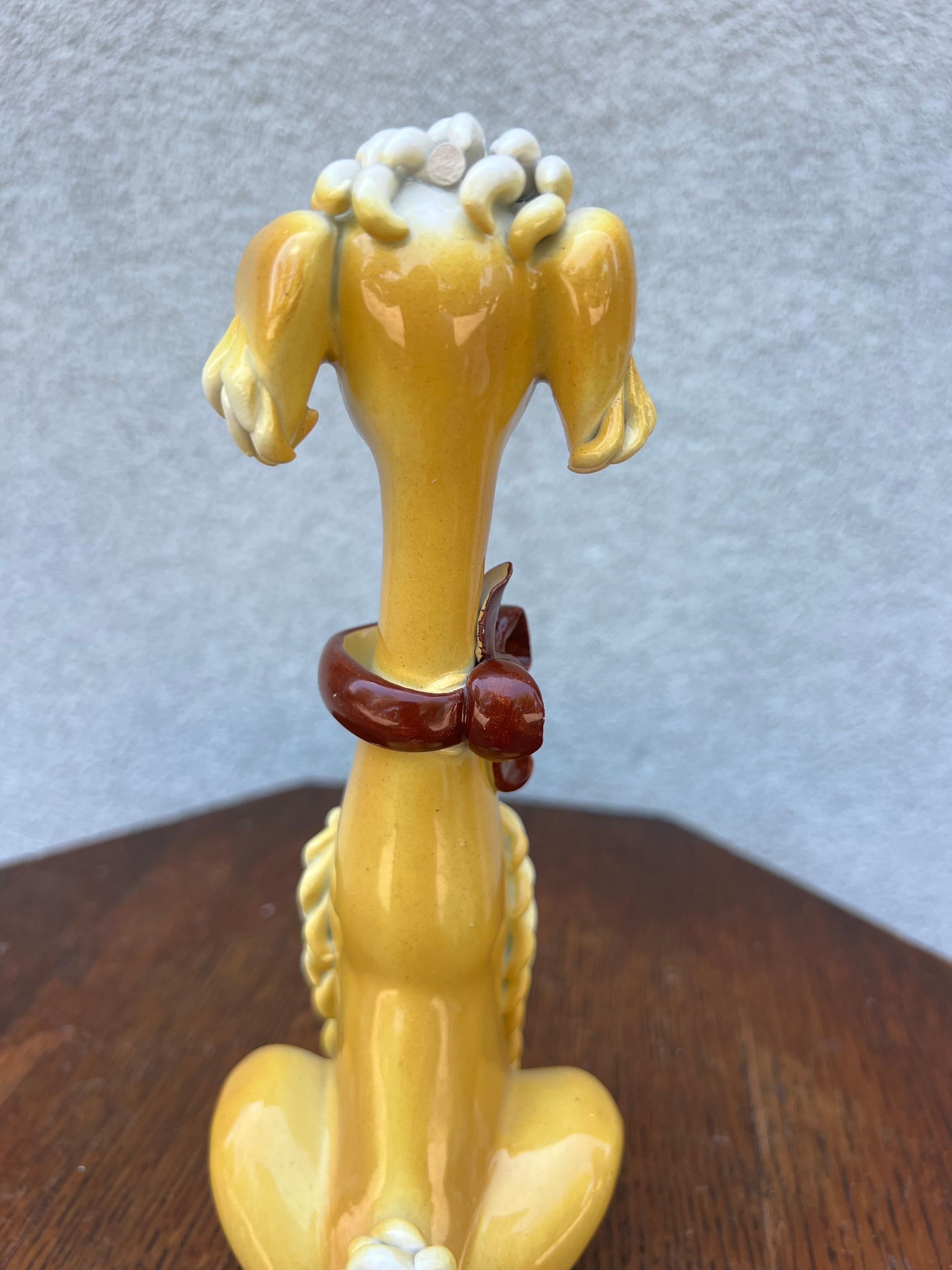 Mid Century 1960s Italian Spaghetti Poodle Dog  Statue Yellow White Ceramic 1