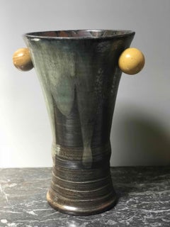 Mid-Century 1960s Large Green Vase with Round Handles from France