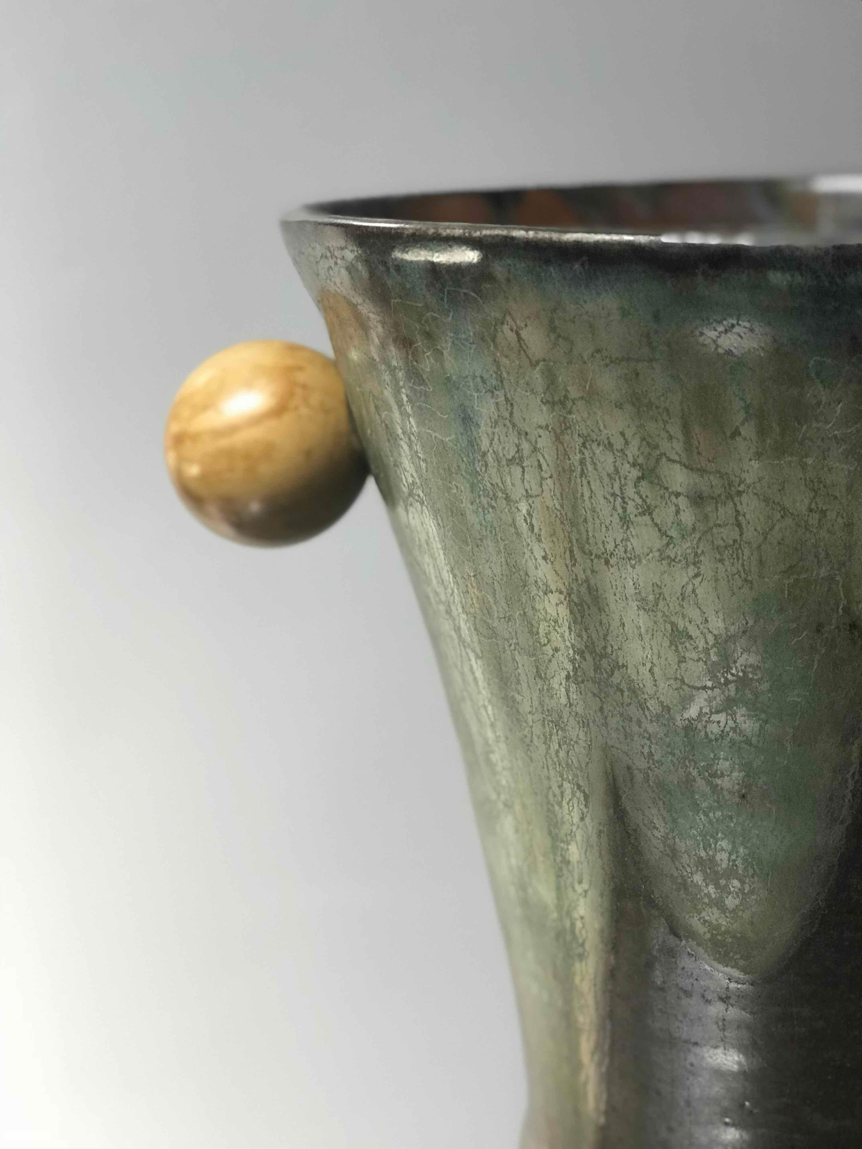 Edwardian Mid-Century 1960s Large Green Vase with Round Handles from France 