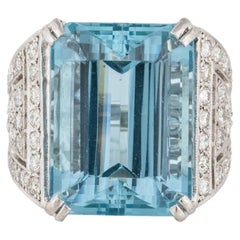 Mid-Century 1960s Openwork Platinum 22.75ct Aquamarine and Diamond Ring
