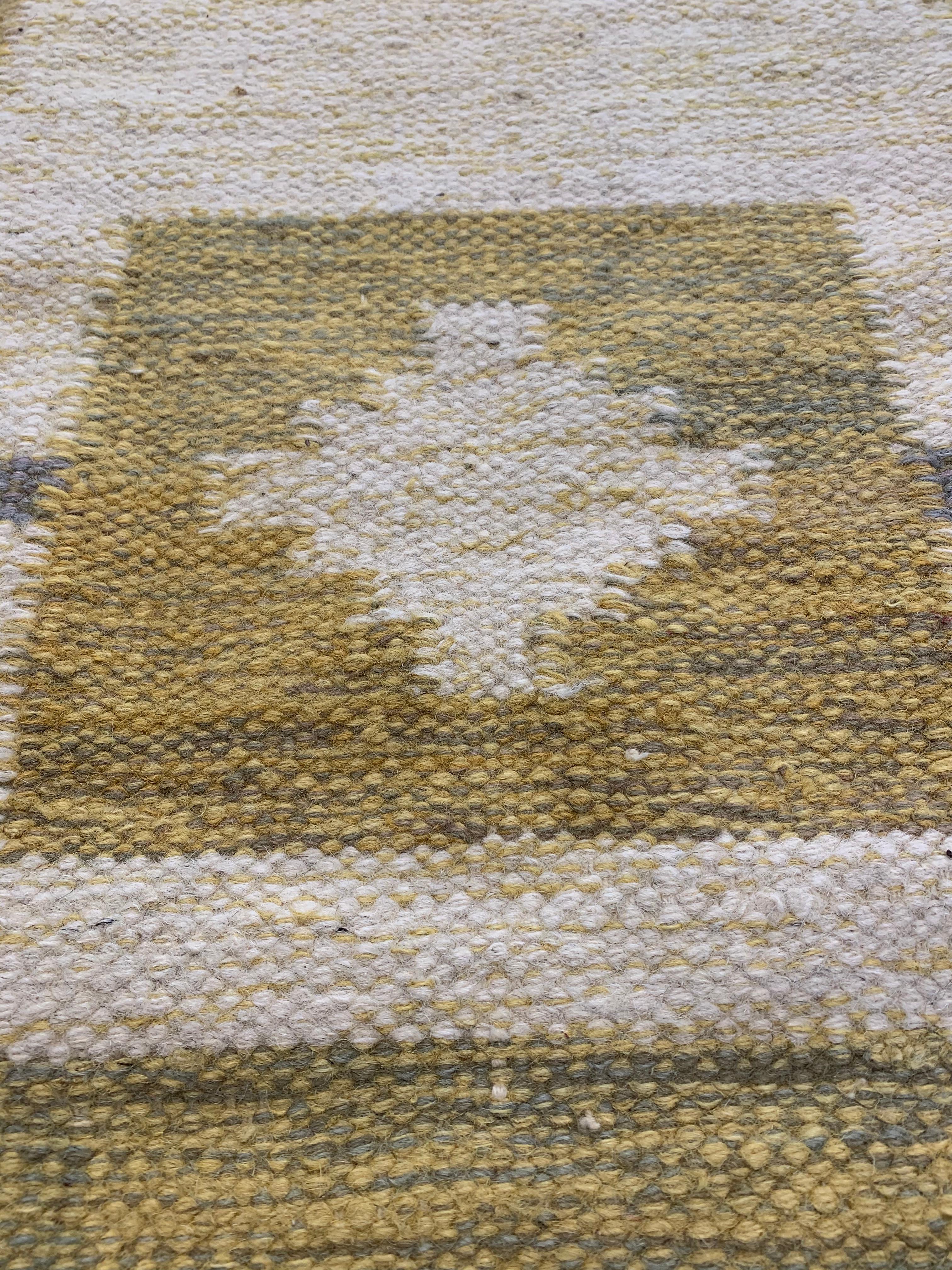 Hand-Woven Mid Century 1960s Swedish Flat Weave Yellow and Blue Flecked Wool Rug