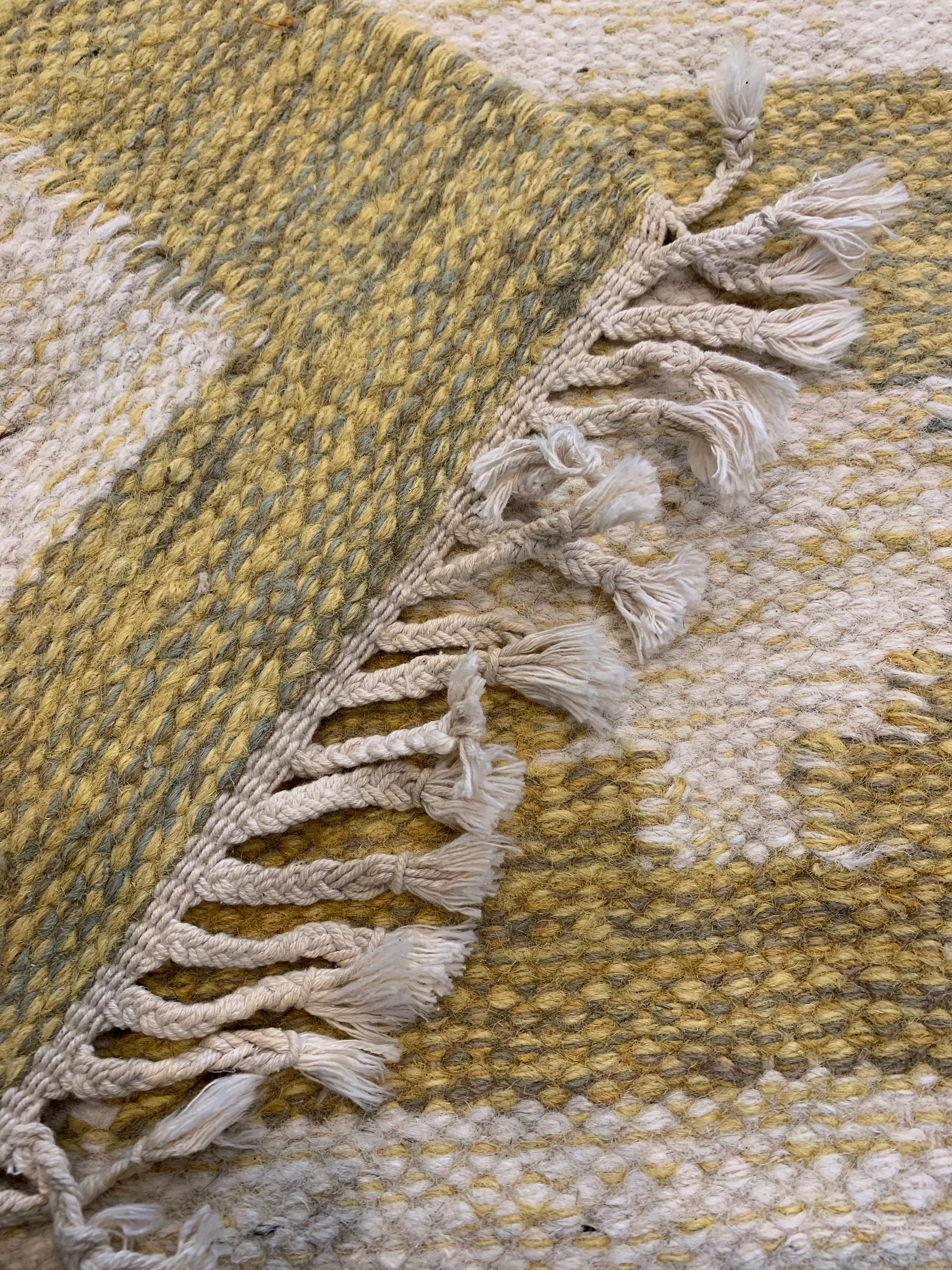 Mid Century 1960s Swedish Flat Weave Yellow and Blue Flecked Wool Rug 1