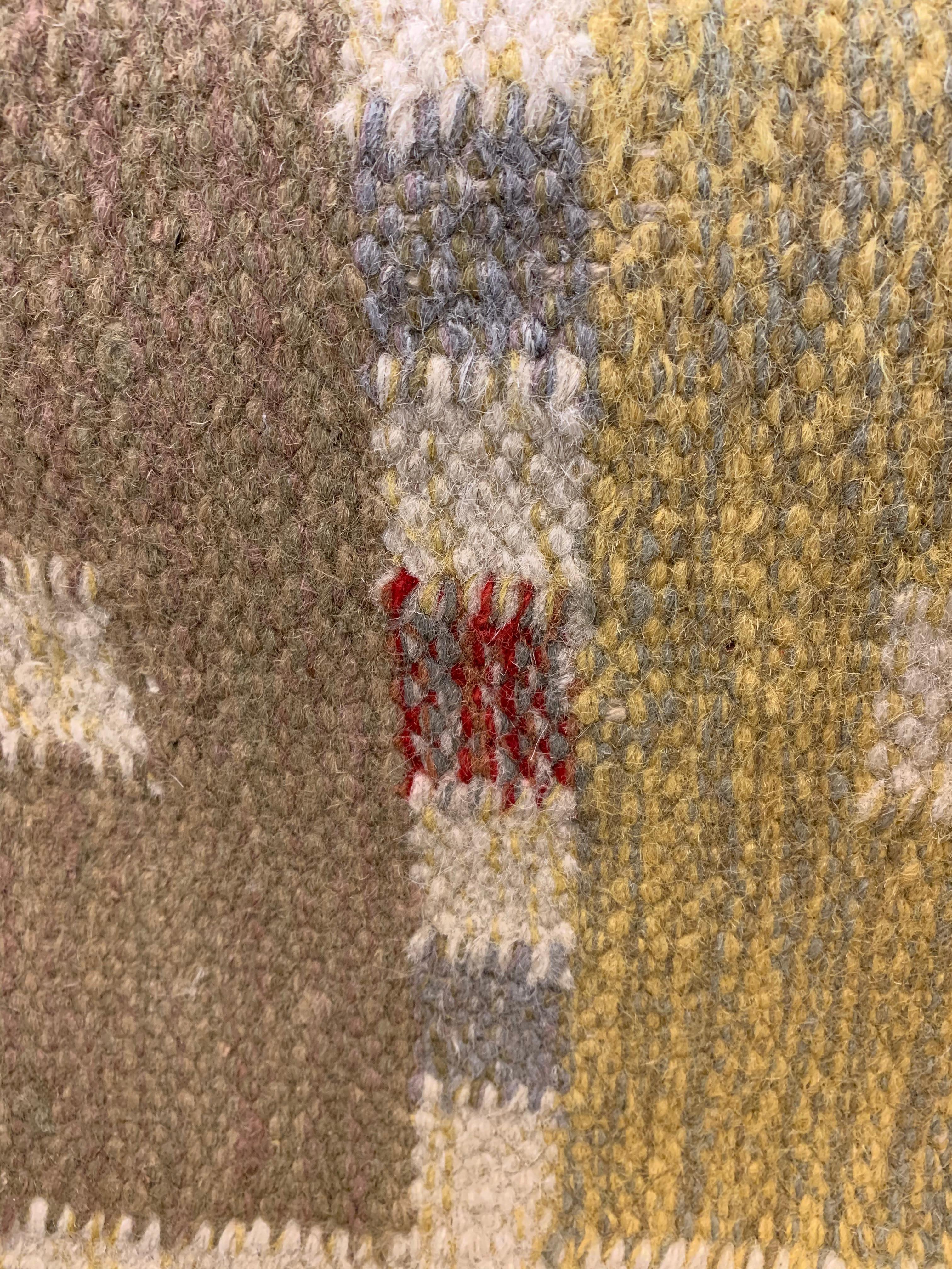 Mid Century 1960s Swedish Flat Weave Yellow and Blue Flecked Wool Rug 2