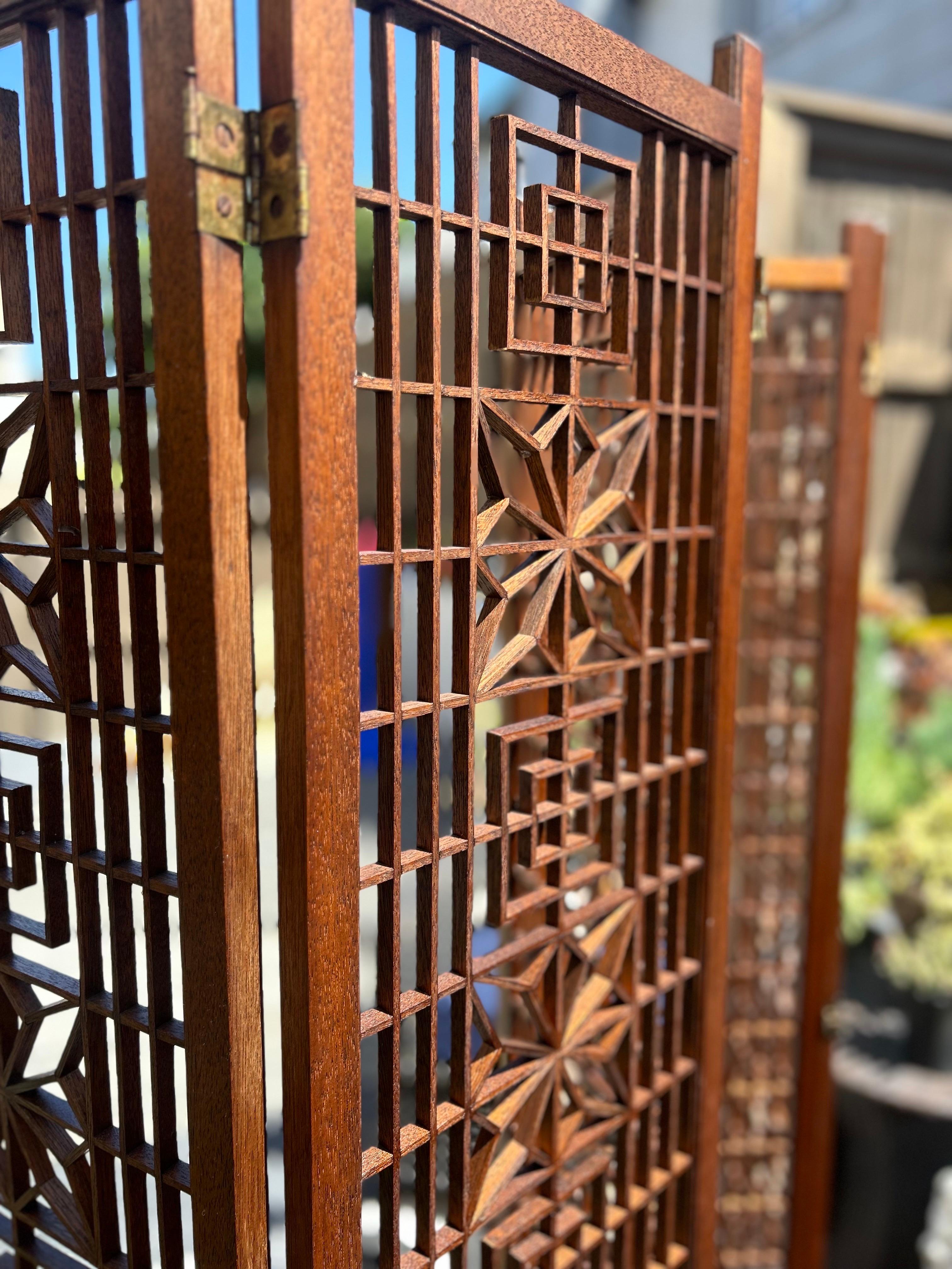Hand-Carved Mid Century 1960’s Teak Six (6) Panel Folding Screen Room Divider