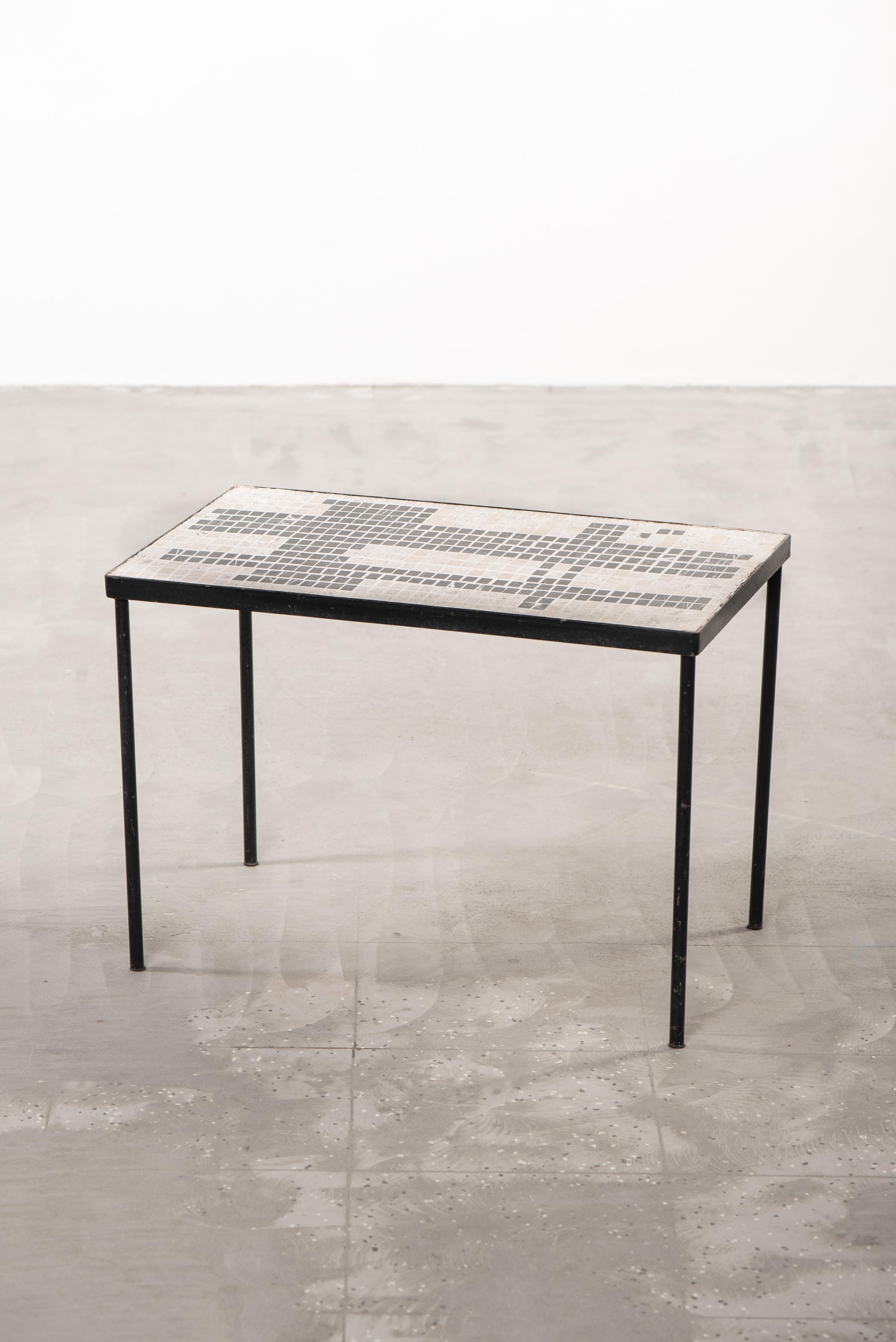 Vintage mid-century mosaic tile table featuring an abstract pattern in a beautiful, neutral palette of bone white, sand and black with terrazzo-style tiles. Elegant and minimalist, yet sturdy table suitable for both public and private spaces. The