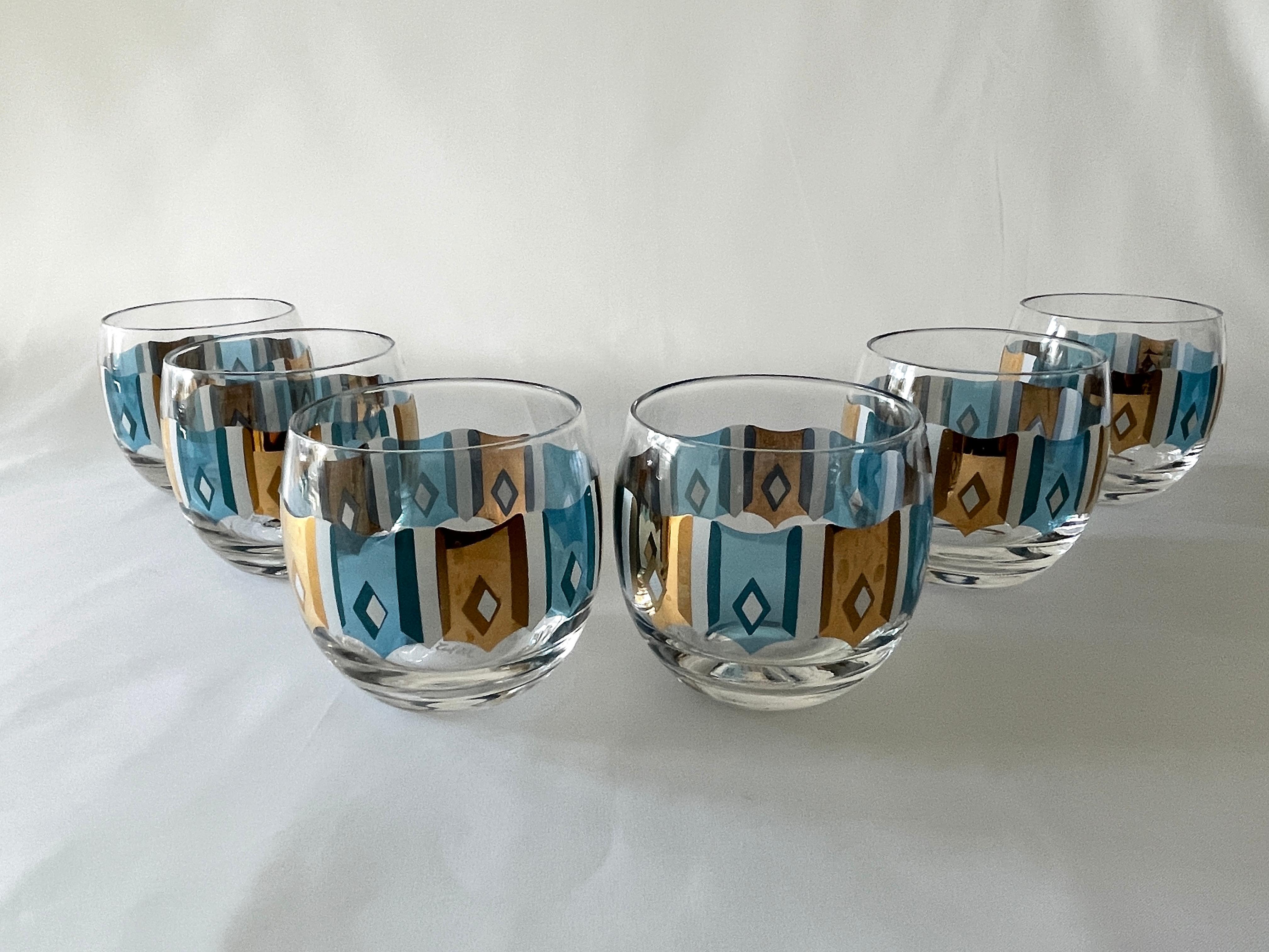 Culver Ltd.  1960's Turquoise, White  and 22K Gold Set of 6 Cocktail Glasses For Sale 2
