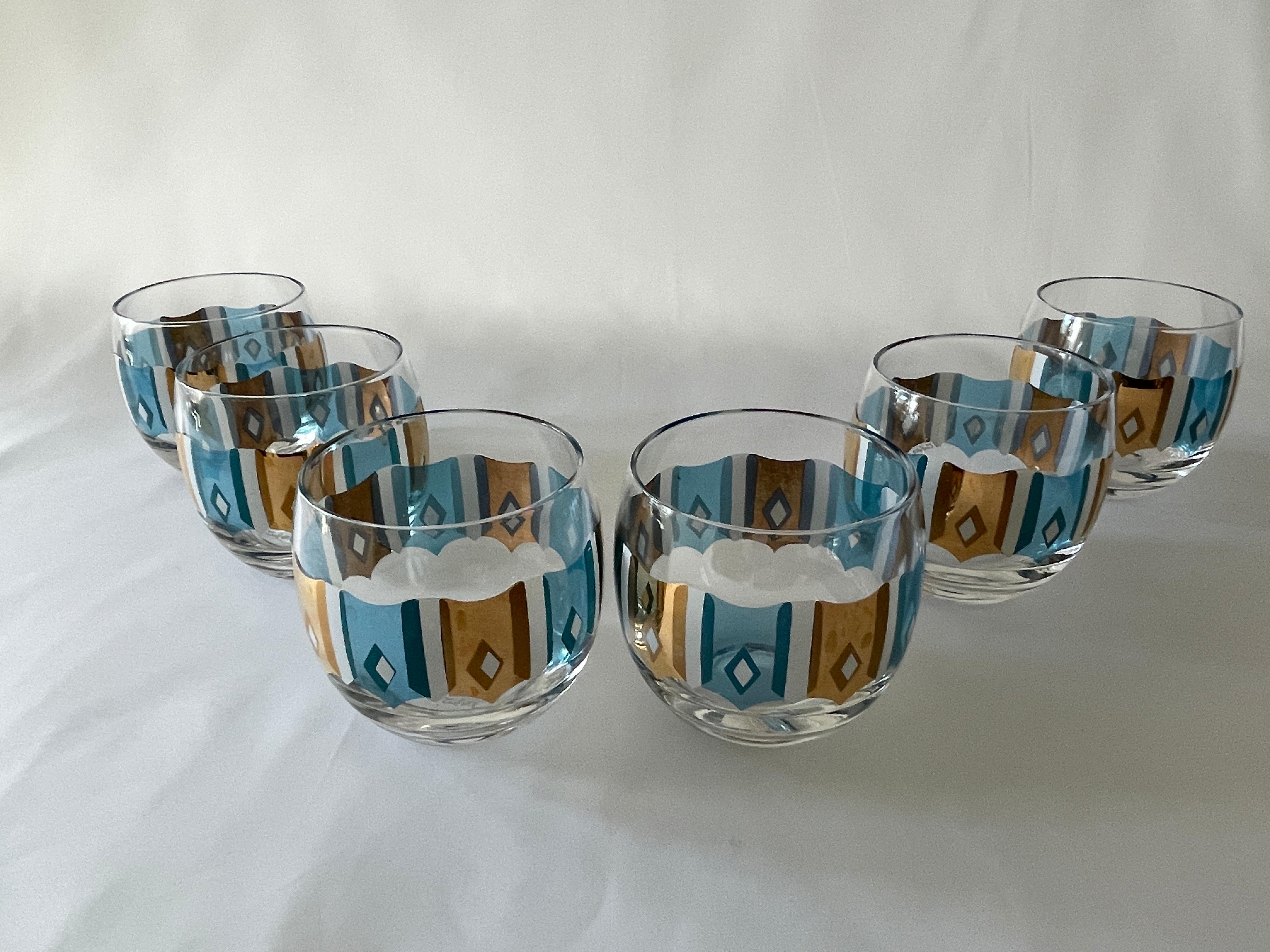 Culver Ltd.  1960's Turquoise, White  and 22K Gold Set of 6 Cocktail Glasses For Sale 3