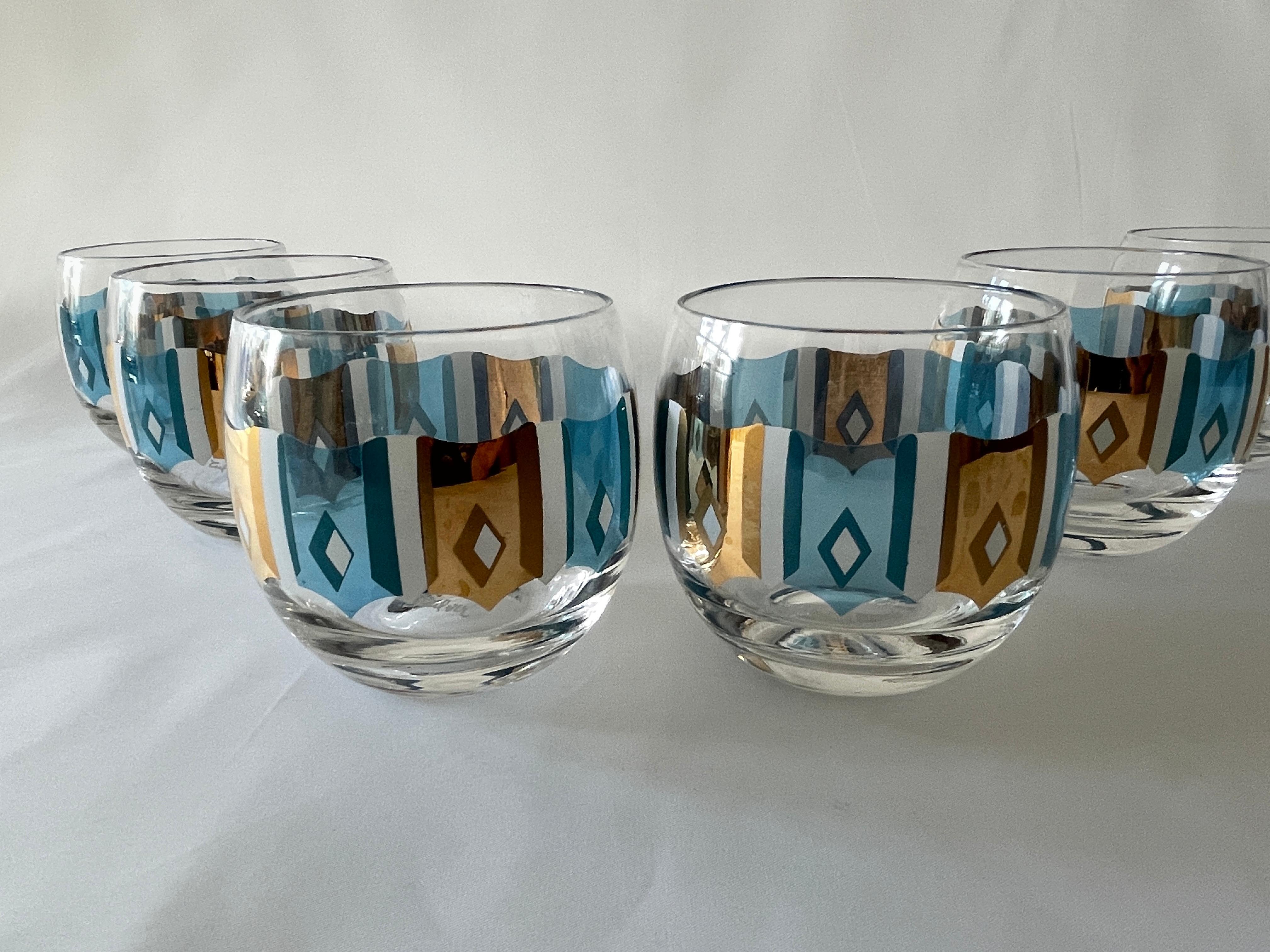 Culver Ltd.  1960's Turquoise, White  and 22K Gold Set of 6 Cocktail Glasses For Sale 4