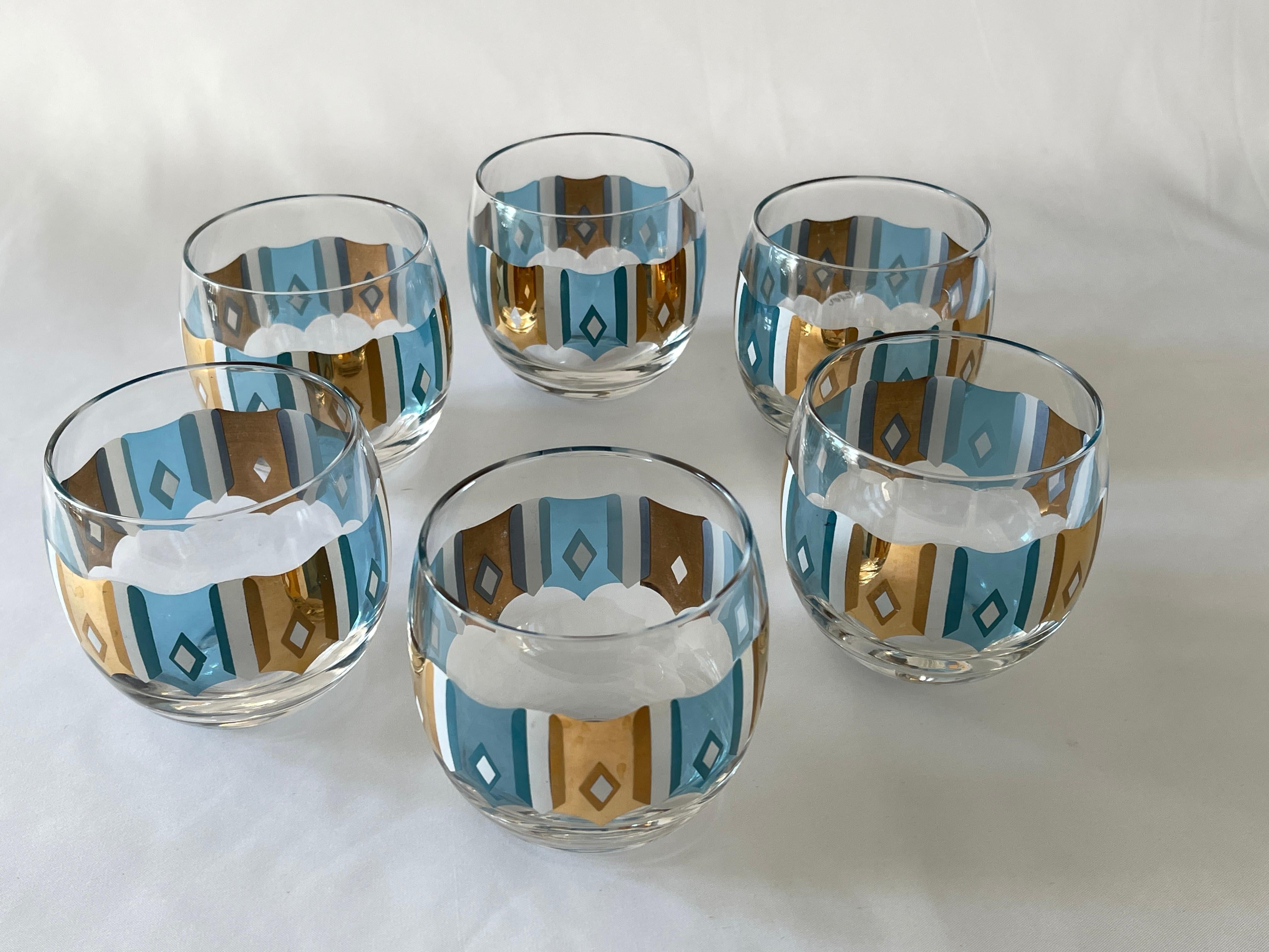 Set of 6 Culver Ltd. 1960's round cocktail glasses with turquoise, white, and 22K gold  decoration. Signed Culver on each glass. 