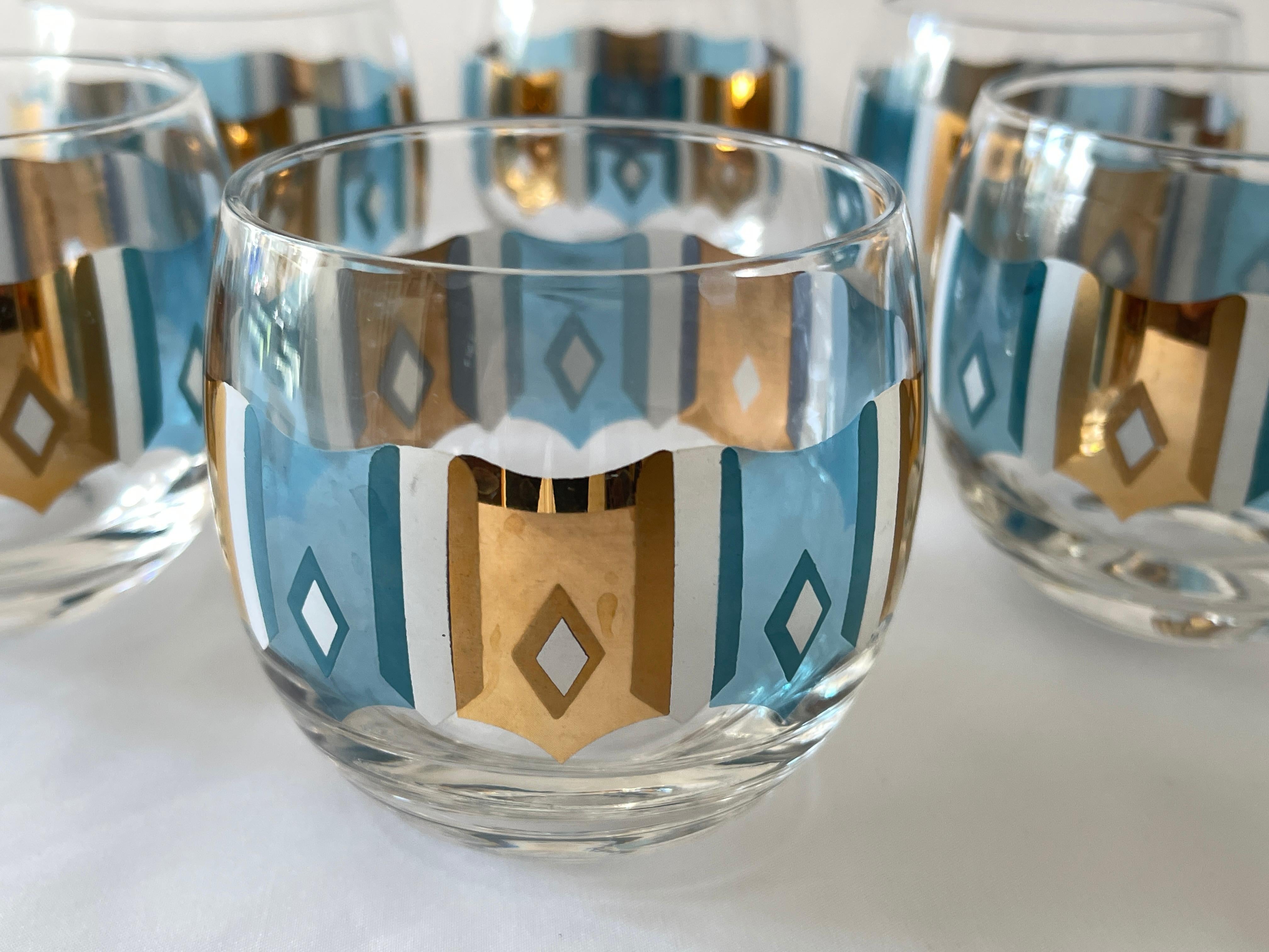 Mid-Century Modern Culver Ltd.  Turquoise et blanc des années 1960  Ensemble de 6 verres à cocktail en or 22 carats et 22 carats en vente