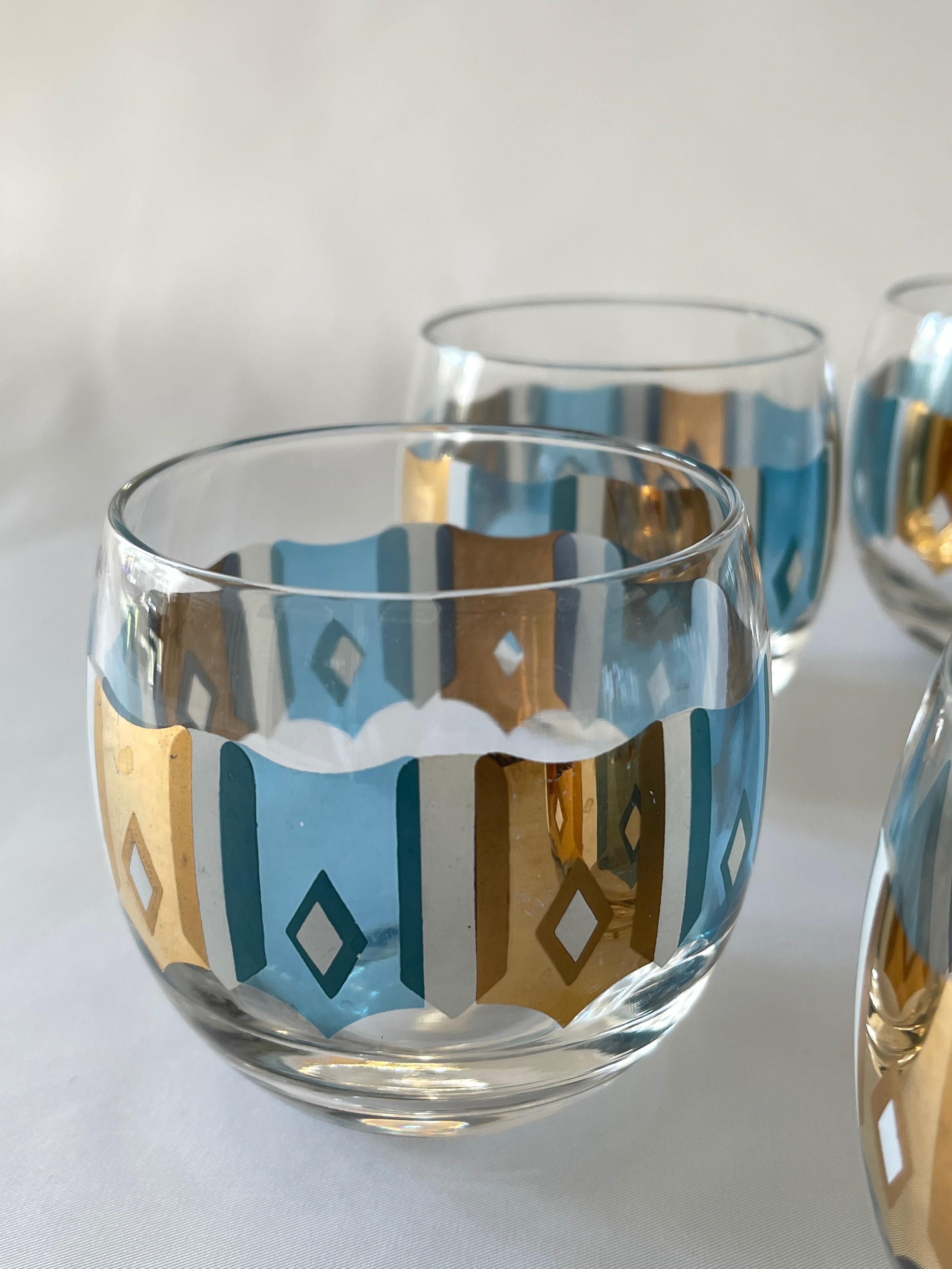 Mid-Century Modern Culver Ltd.  1960's Turquoise, White  and 22K Gold Set of 6 Cocktail Glasses For Sale