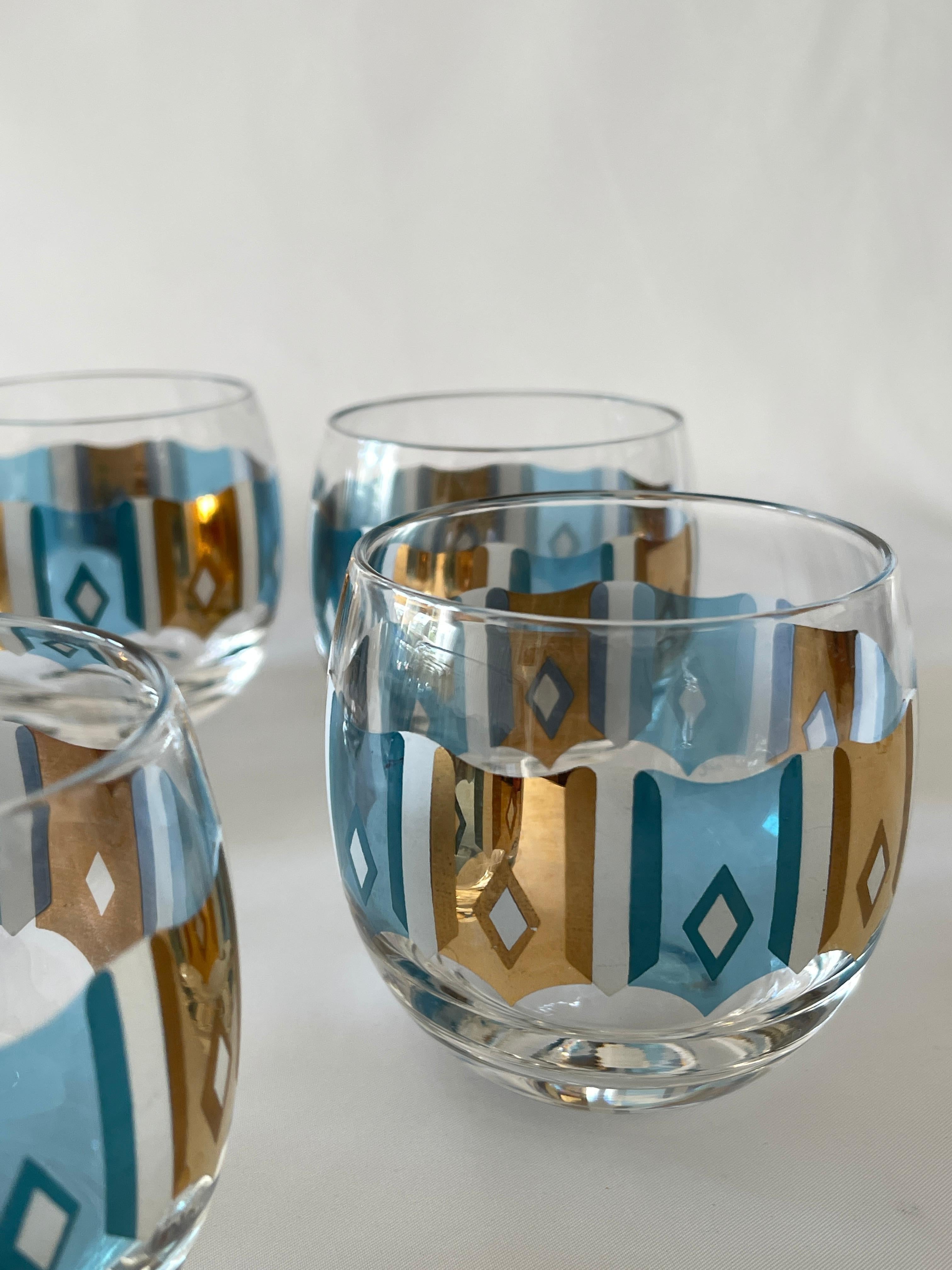 American Culver Ltd.  1960's Turquoise, White  and 22K Gold Set of 6 Cocktail Glasses For Sale