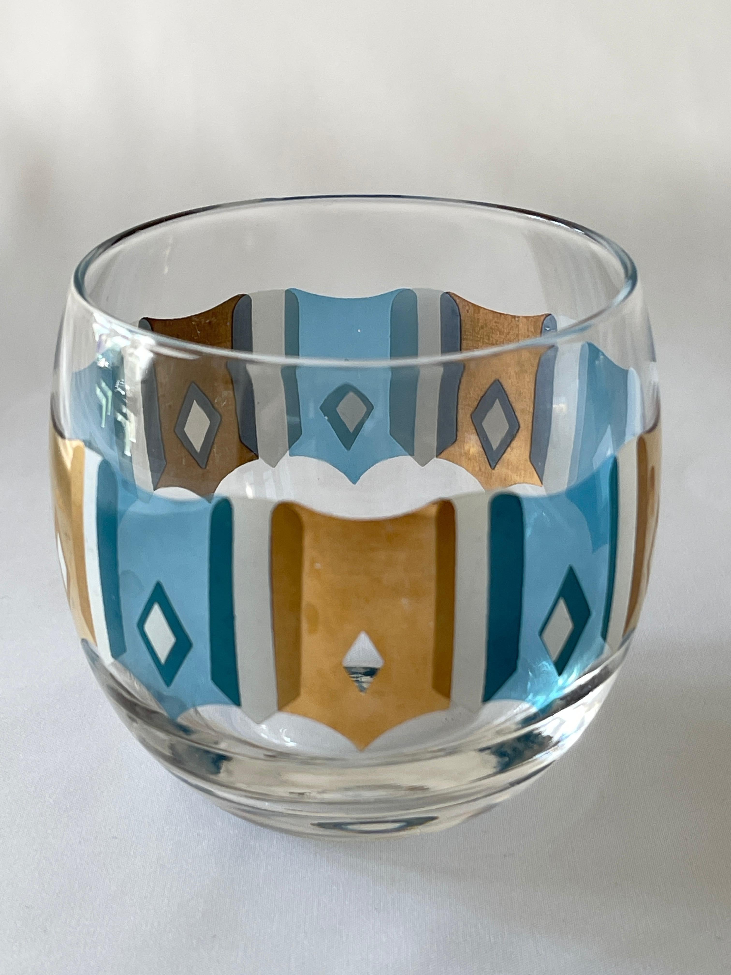 Culver Ltd.  1960's Turquoise, White  and 22K Gold Set of 6 Cocktail Glasses In Good Condition For Sale In New York, NY
