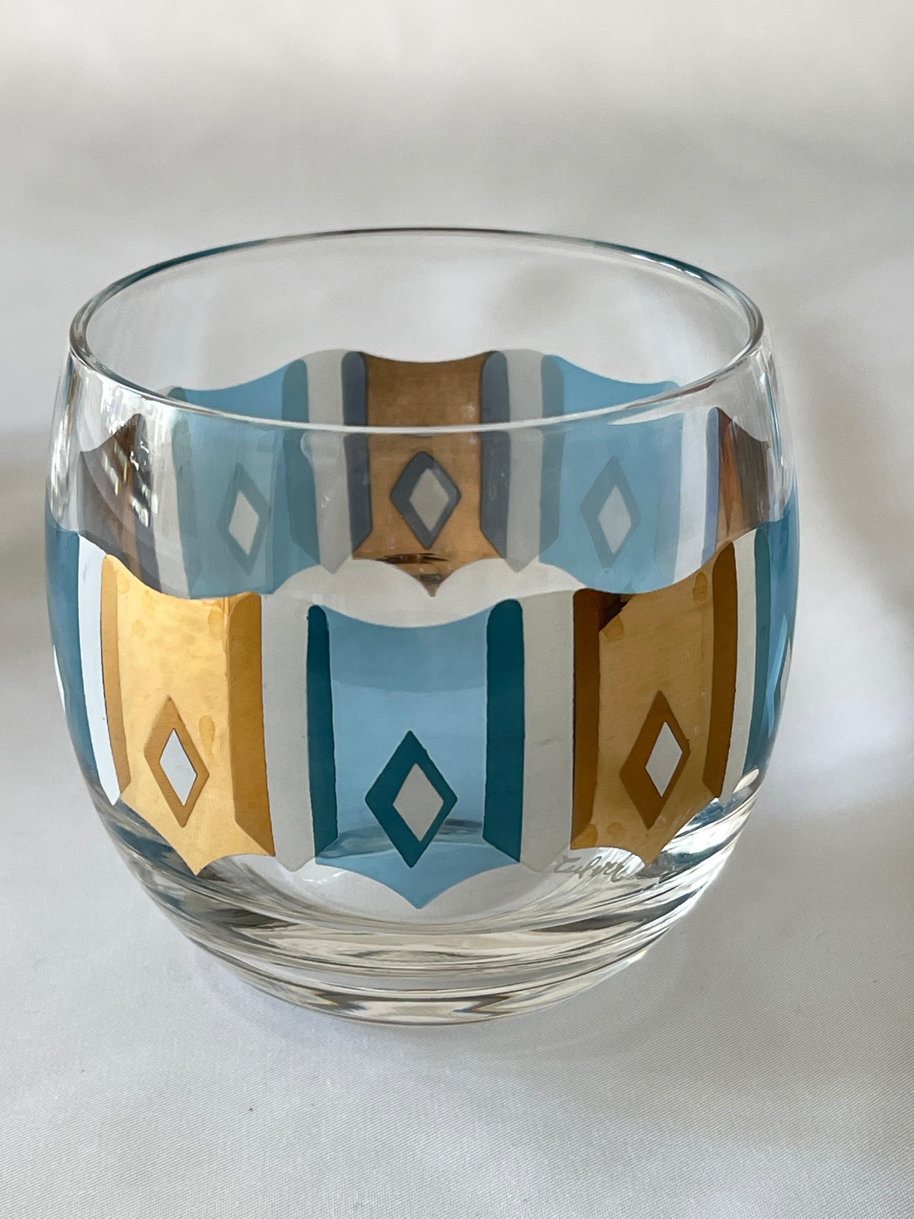 Culver Ltd.  1960's Turquoise, White  and 22K Gold Set of 6 Cocktail Glasses For Sale 1