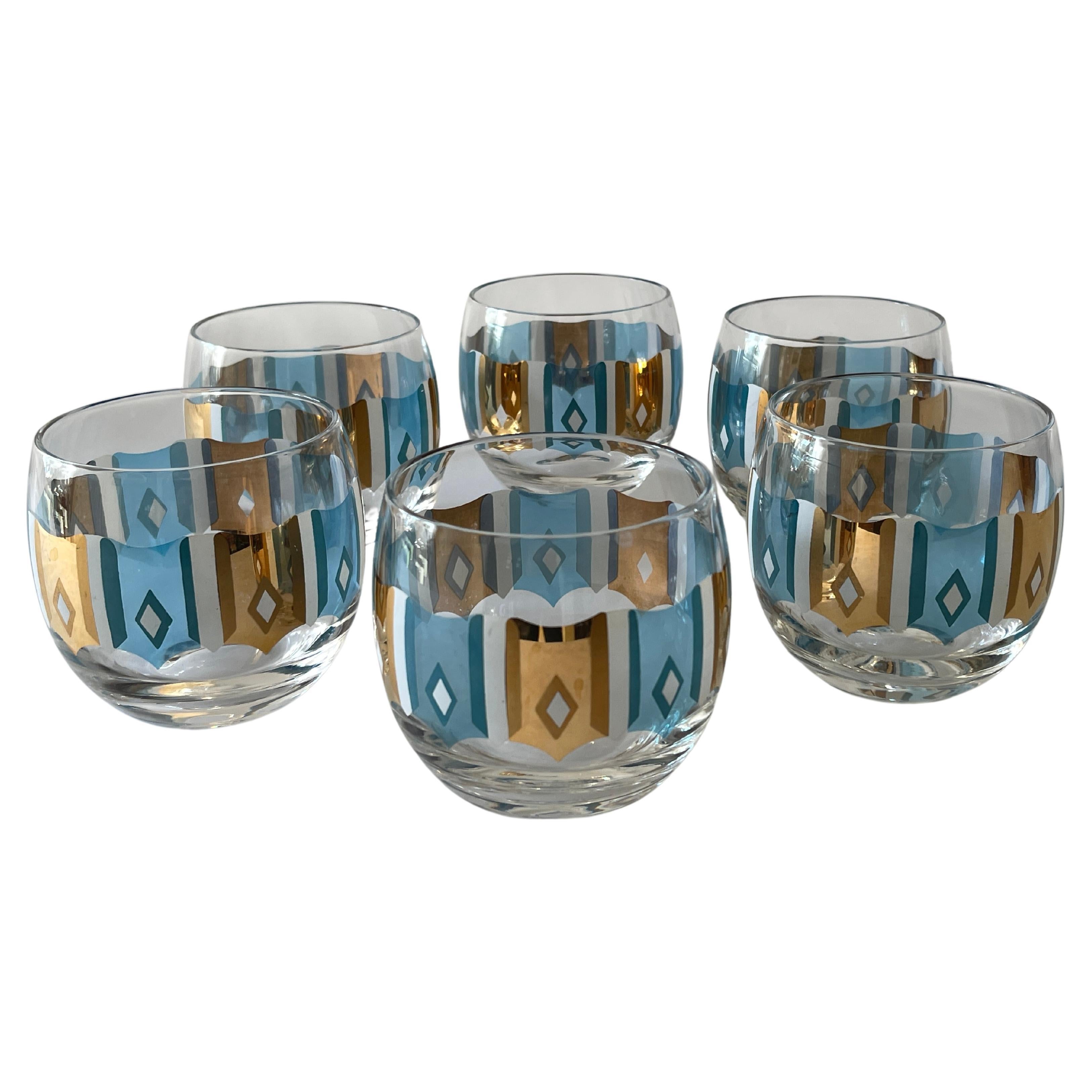 Culver Ltd.  Turquoise et blanc des années 1960  Ensemble de 6 verres à cocktail en or 22 carats et 22 carats