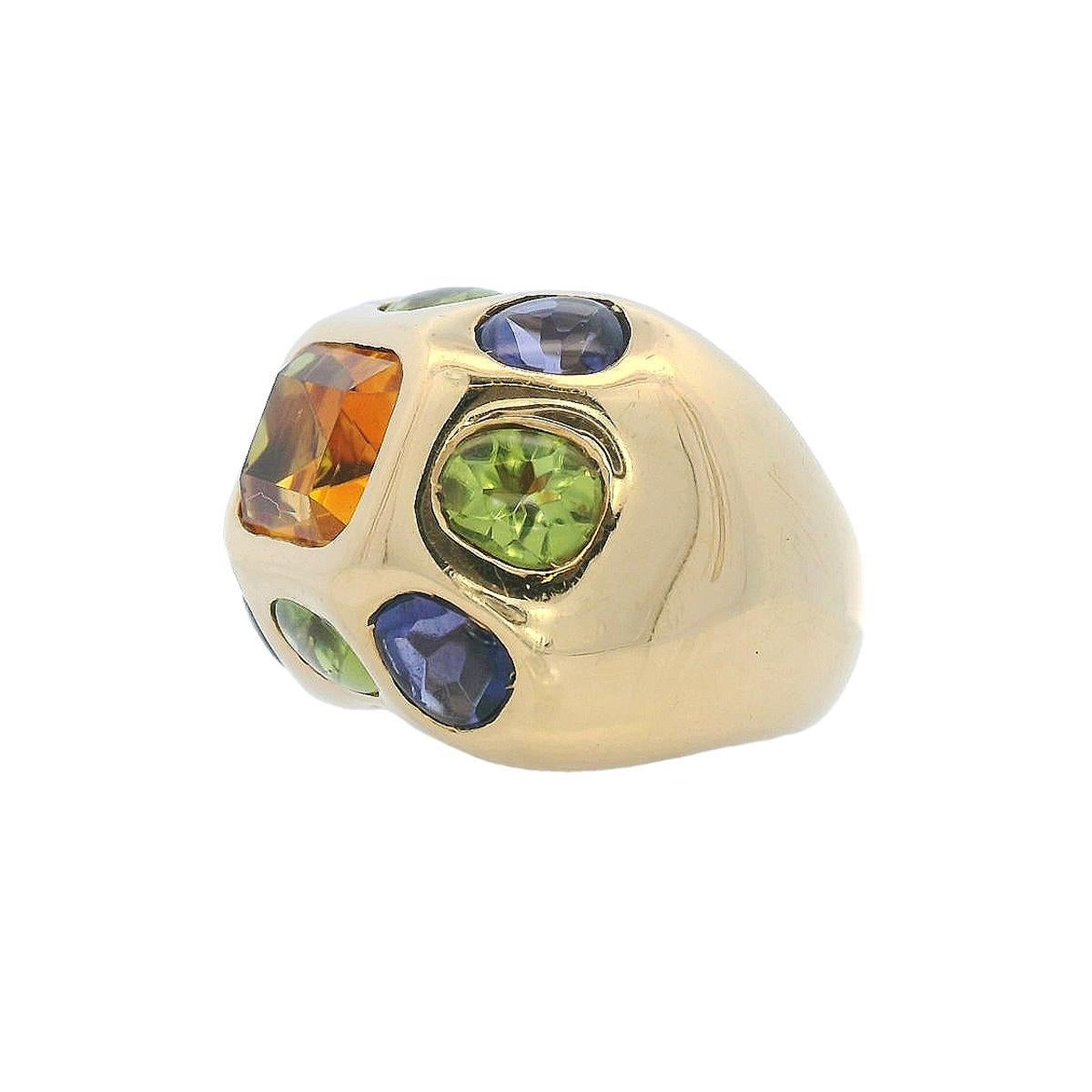 Modernist Mid-century 1970 18kt Gold Ring with Citrine, Tanzanite and Peridots For Sale