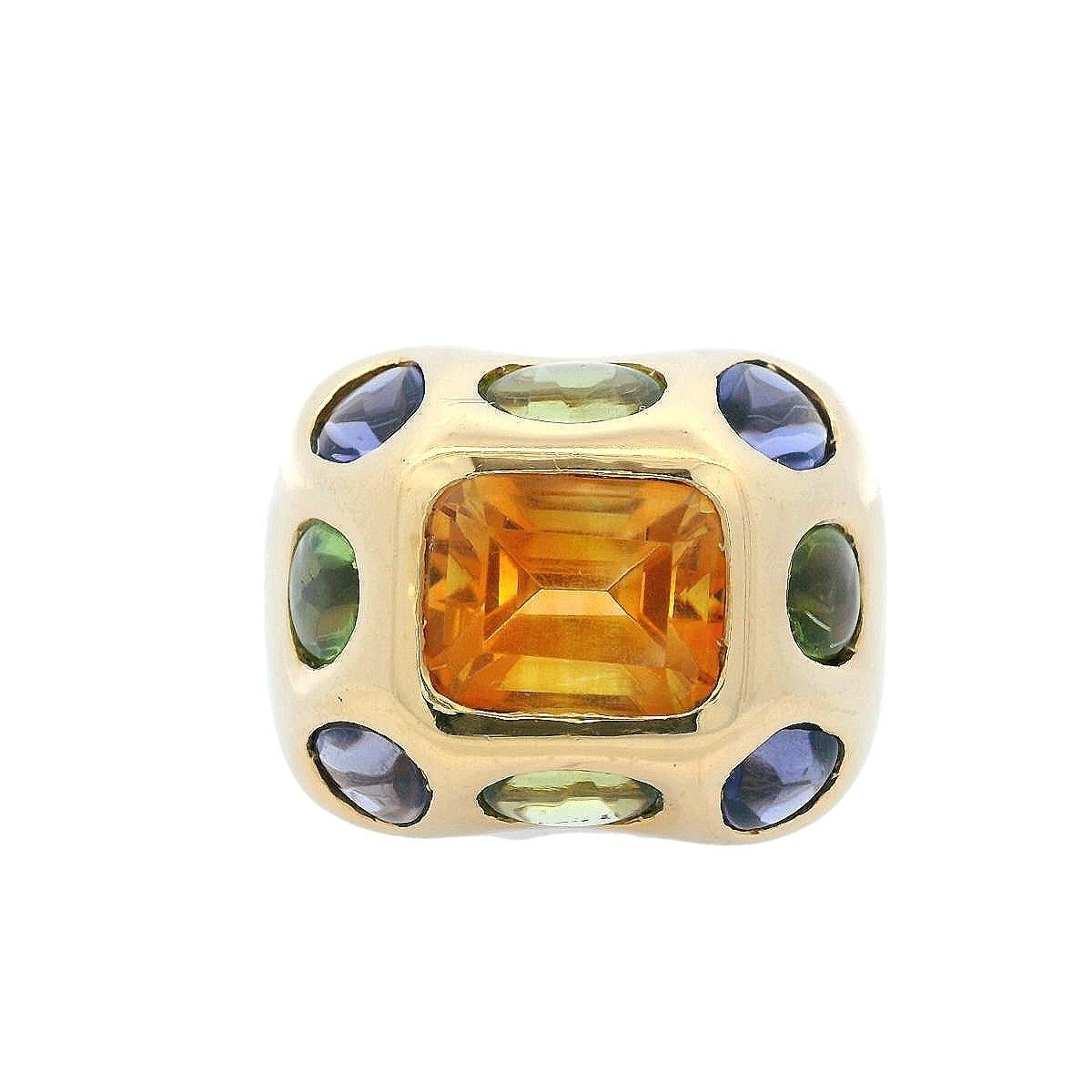Emerald Cut Mid-century 1970 18kt Gold Ring with Citrine, Tanzanite and Peridots For Sale