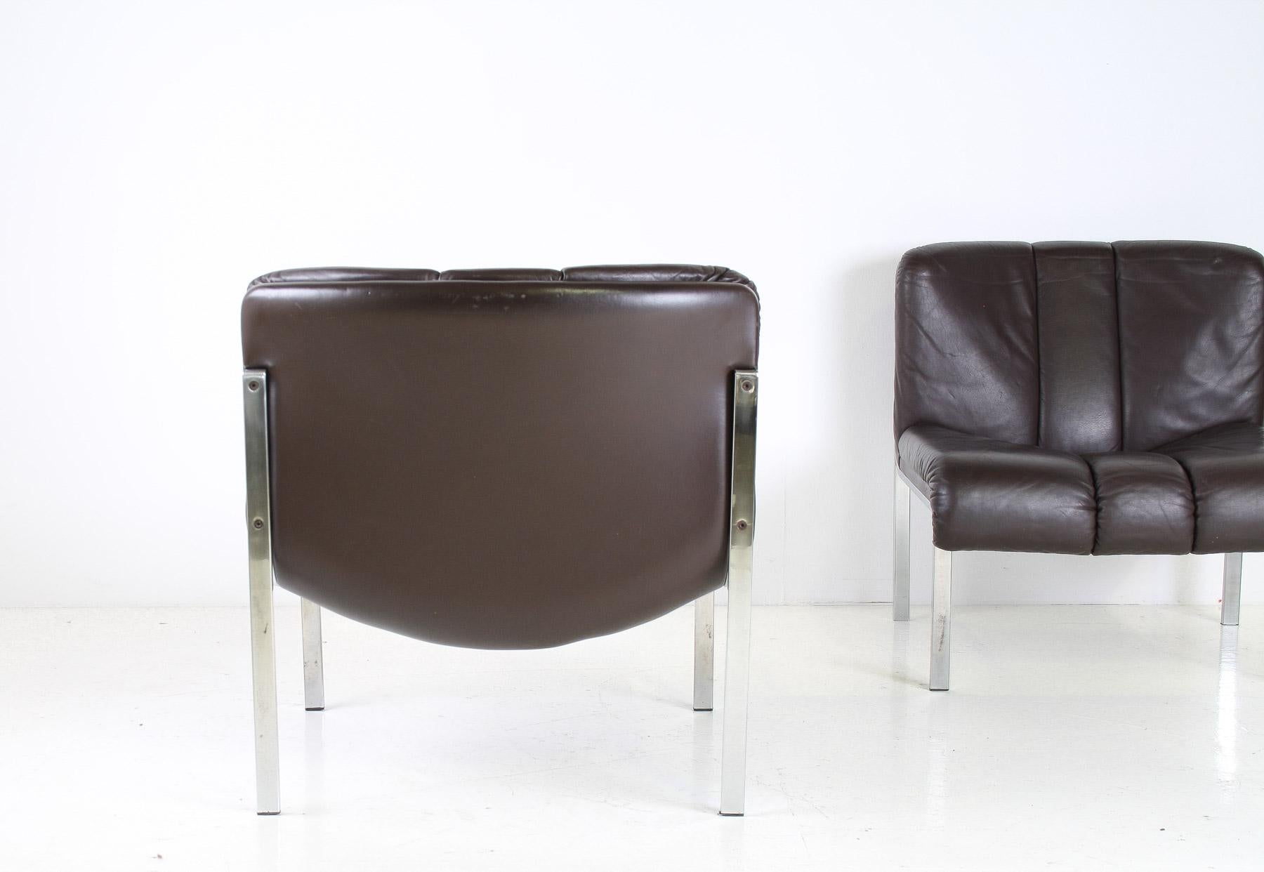 Mid-Century 1970s Brown Leather and Chrome Chair Set by Hans Eichenberger, Swiss For Sale 5