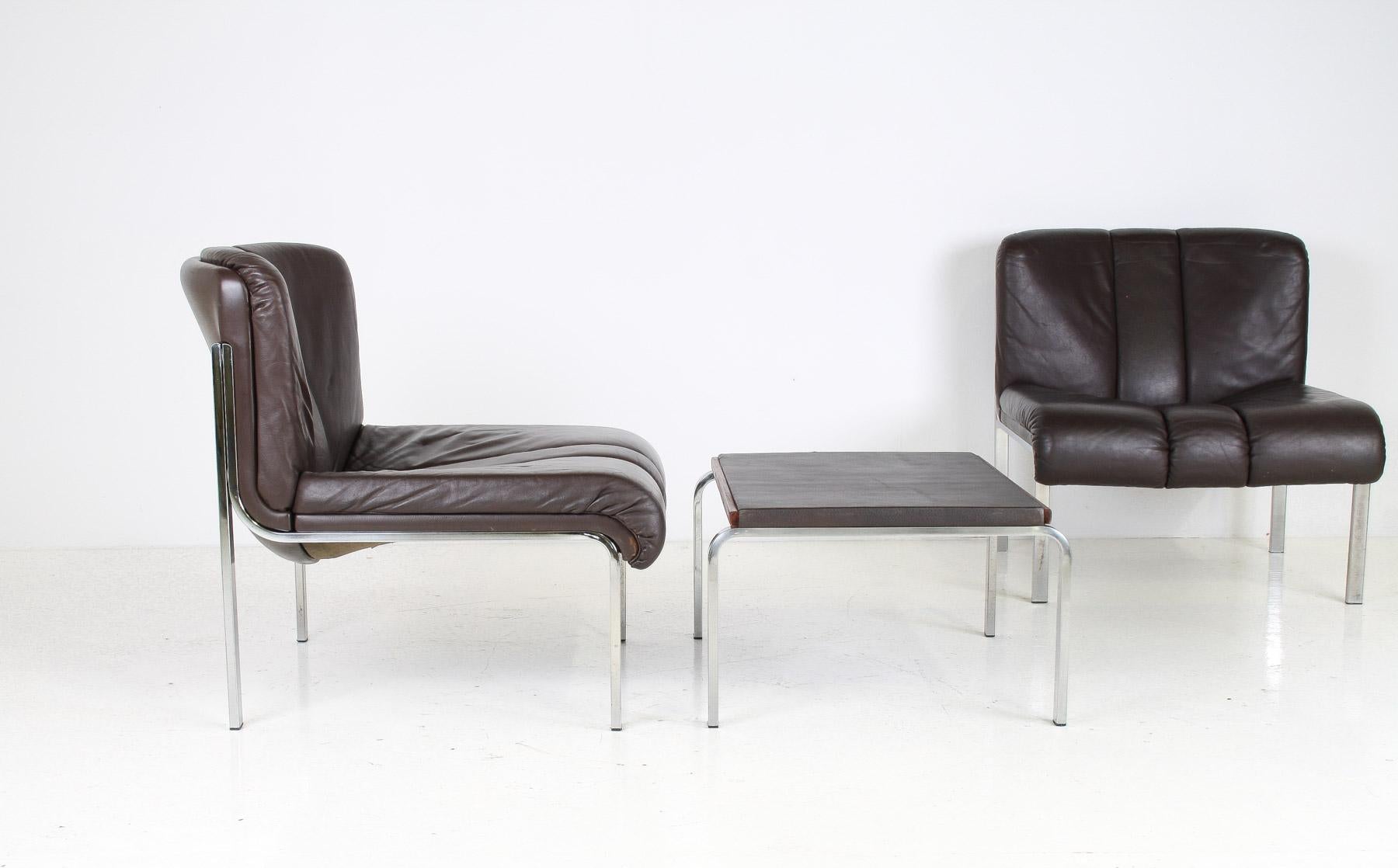 Mid-Century 1970s Brown Leather and Chrome Chair Set by Hans Eichenberger, Swiss For Sale 6