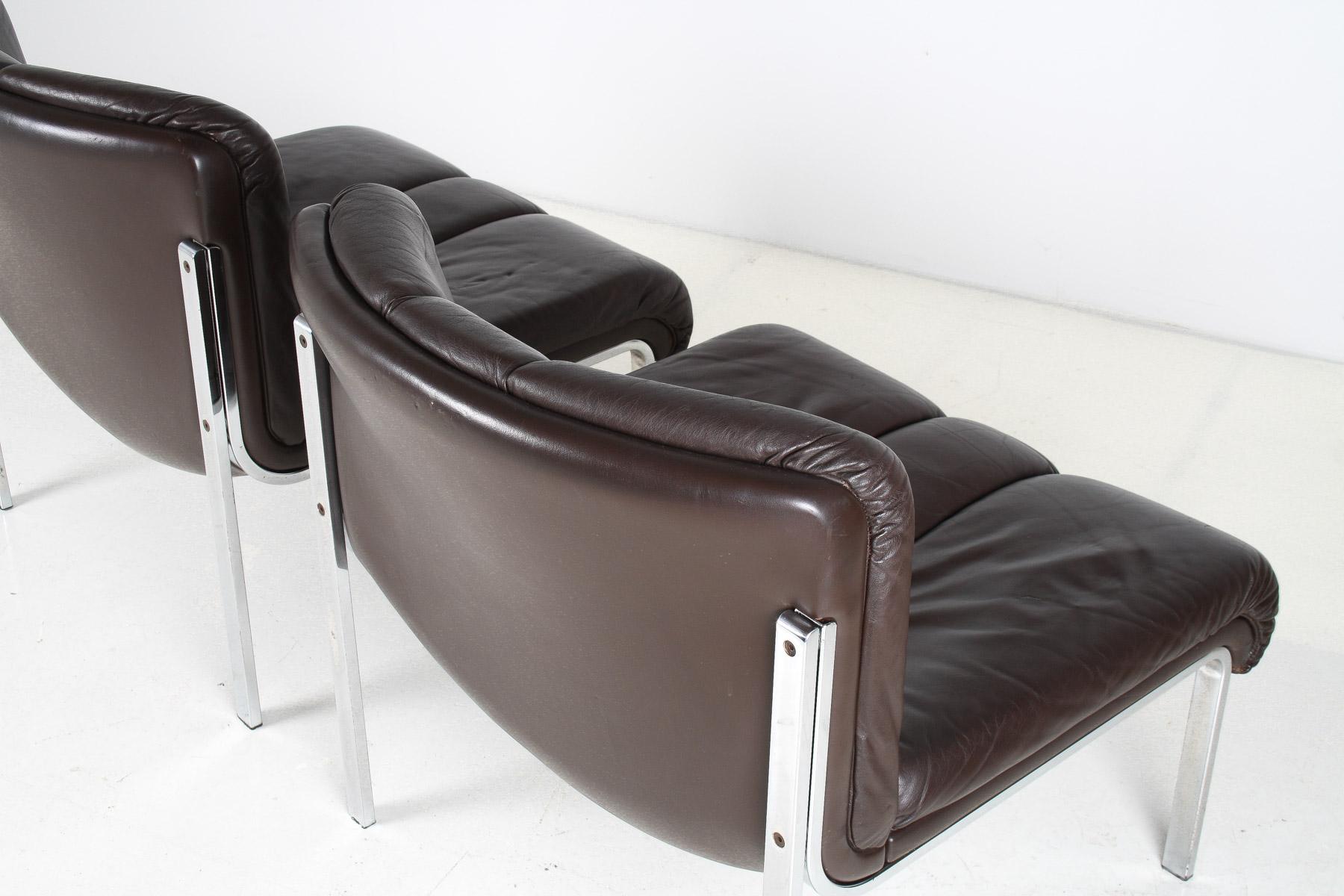 Mid-Century 1970s Brown Leather and Chrome Chair Set by Hans Eichenberger, Swiss For Sale 8